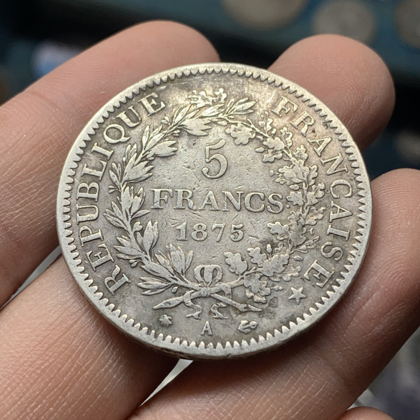 《竞宝斋》钱币微拍-第16场-本周日，周一2场连拍（全场顺丰包邮） 法国 1875年  大力神5法郎 大银币 较少年份 原味包浆