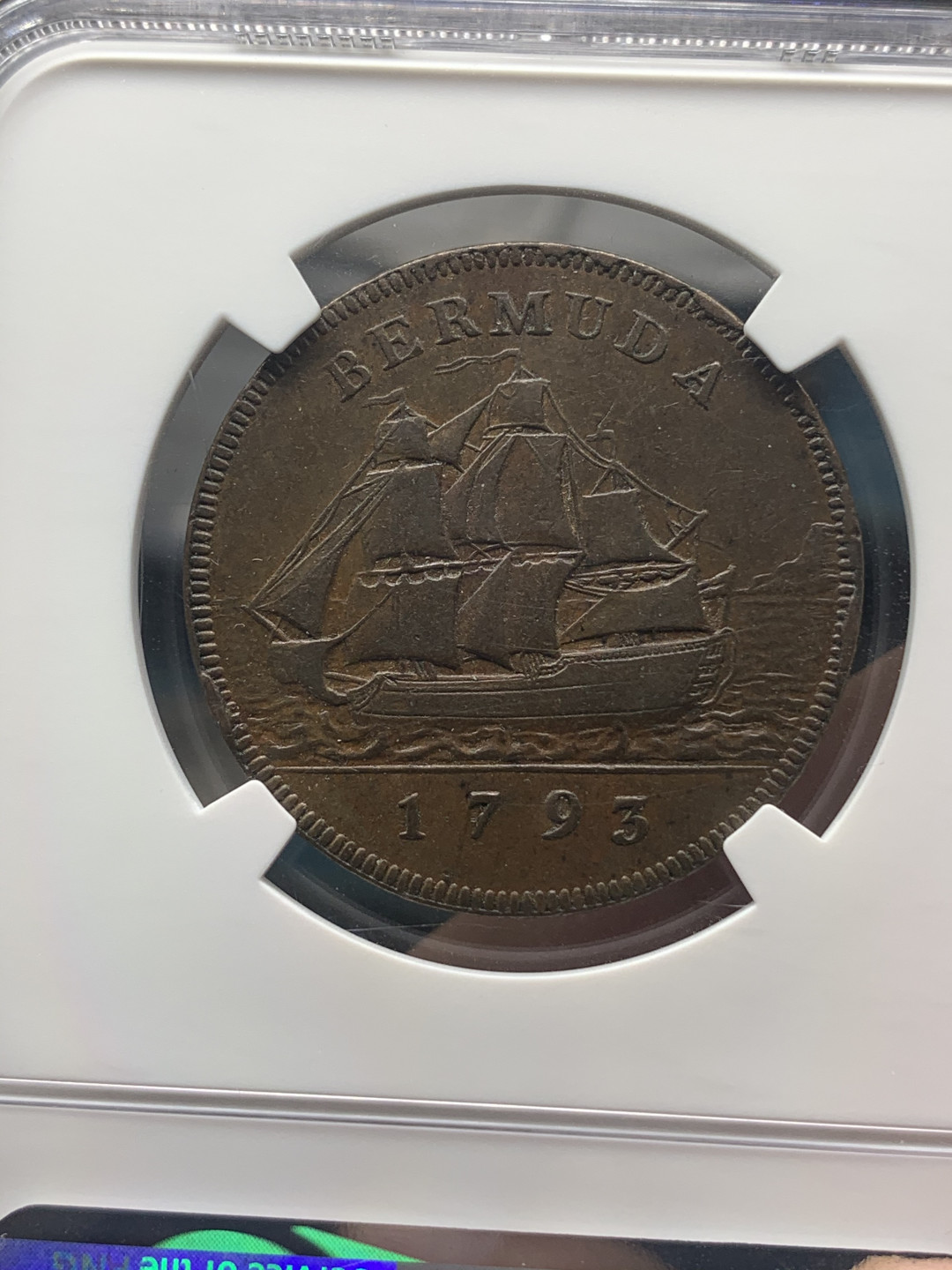 《竞宝斋》钱币微拍-第16场-本周日，周一2场连拍（全场顺丰包邮） NGC AU53 1793年 英属百慕大 乔治三世 1便士大铜币巧克力包浆  难得品种