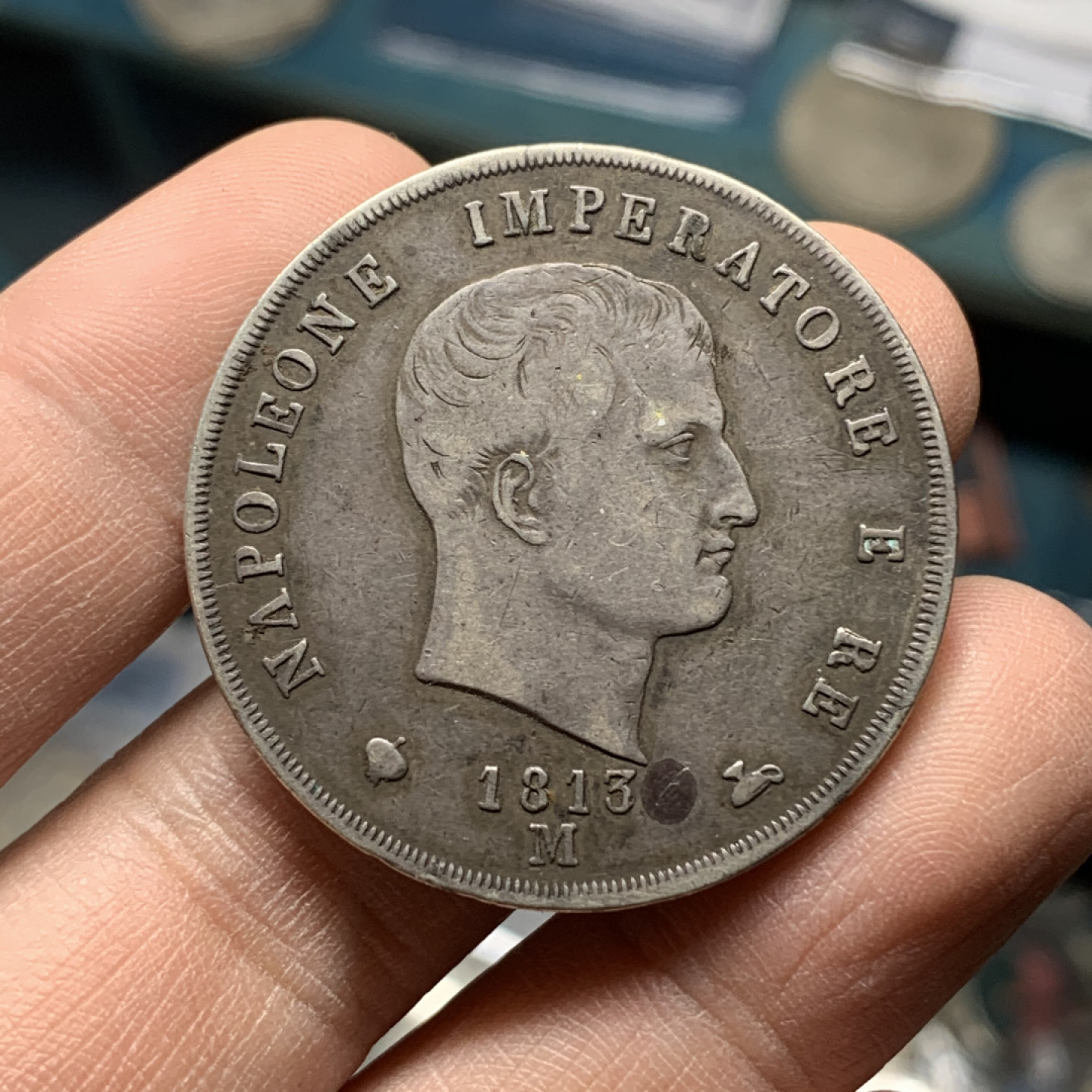 《竞宝斋》钱币微拍-第16场-本周日，周一2场连拍（全场顺丰包邮） 1813年 法占 意大利5里拉    原味状态，细节很好