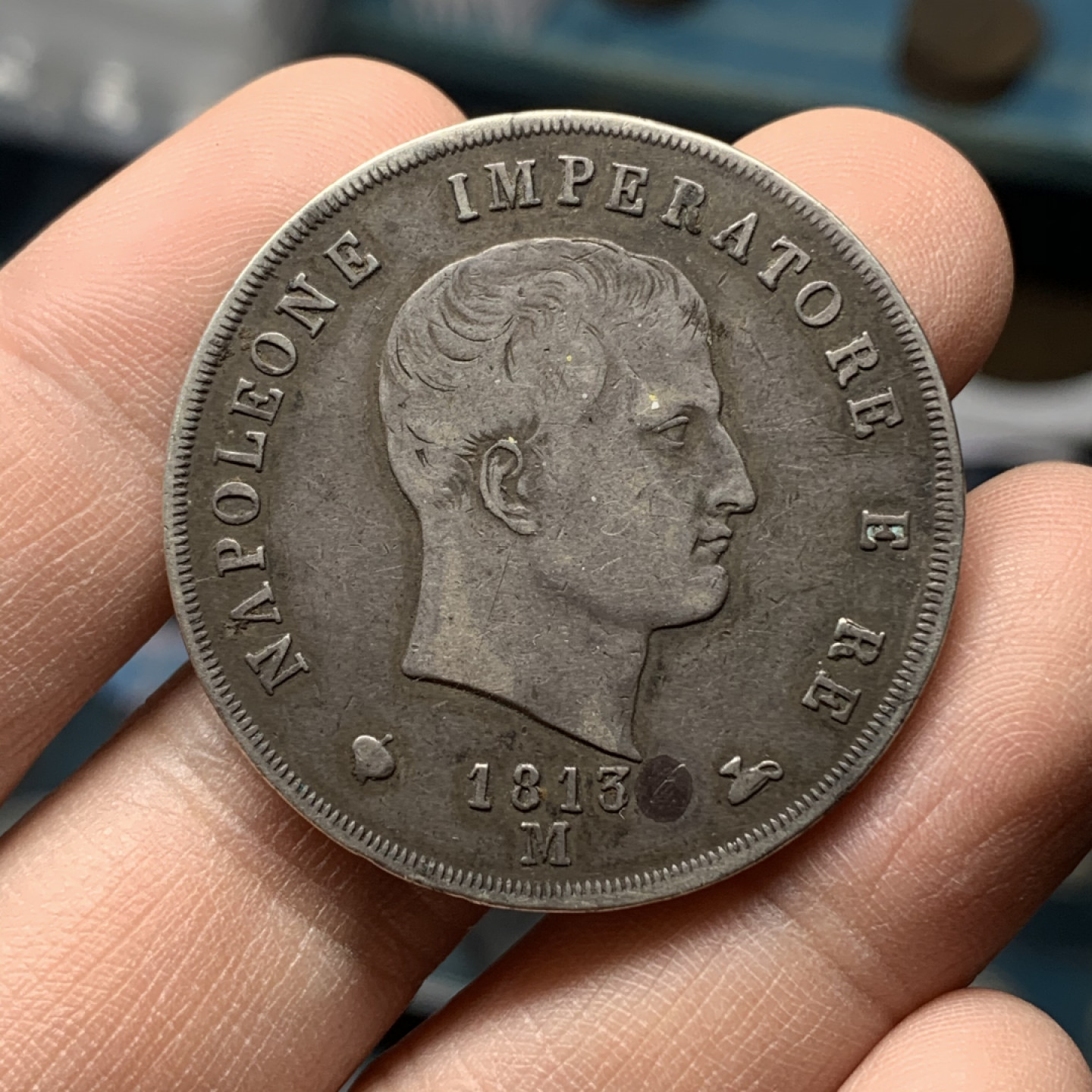 《竞宝斋》钱币微拍-第16场-本周日，周一2场连拍（全场顺丰包邮） 1813年 法占 意大利5里拉    原味状态，细节很好