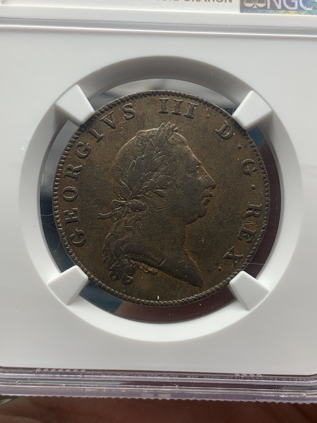 《竞宝斋》钱币微拍-第16场-本周日，周一2场连拍（全场顺丰包邮） NGC AU53 1793年 英属百慕大 乔治三世 1便士大铜币巧克力包浆  难得品种