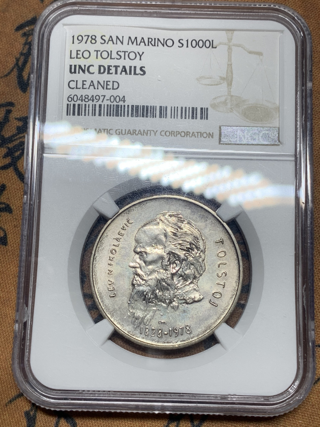 《竞宝斋》钱币微拍-第16场-本周日，周一2场连拍（全场顺丰包邮） ngc-unc 圣马力诺 1978年 1000里拉银币 列夫托尔斯泰