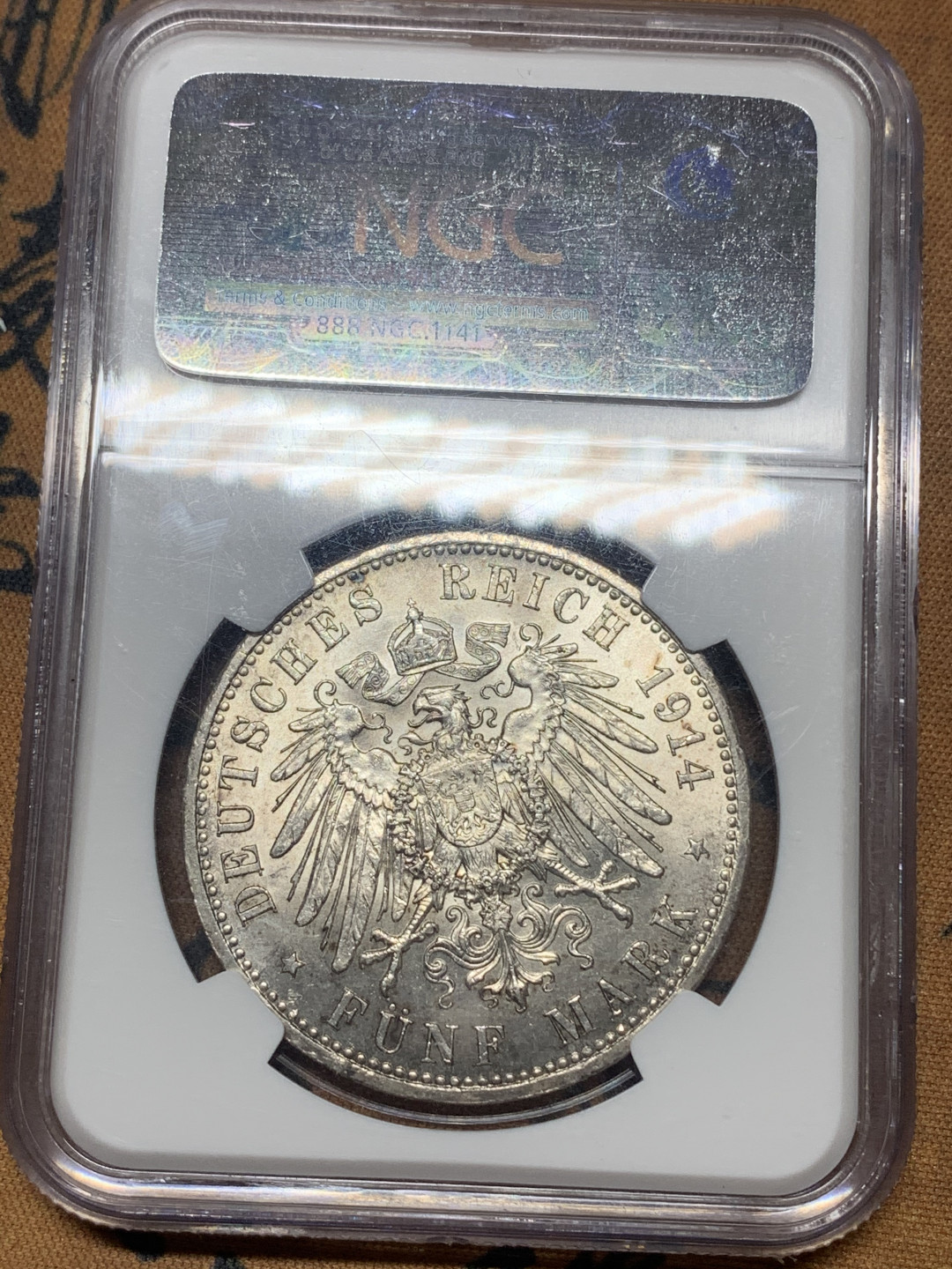 《竞宝斋》钱币微拍-第16场-本周日，周一2场连拍（全场顺丰包邮） NGC-MS63 德国1914年威廉二世军装版5马克，此币能上63分的难得！1914年是策动一z的特殊年份
