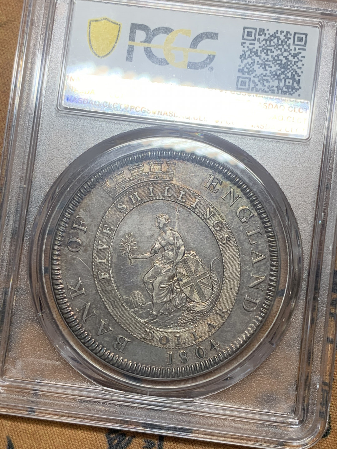 《竞宝斋》钱币微拍-第16场-本周日，周一2场连拍（全场顺丰包邮） PCGS AU58 稀少 英国1804年 英格兰银行 乔治三世 5先令大银币