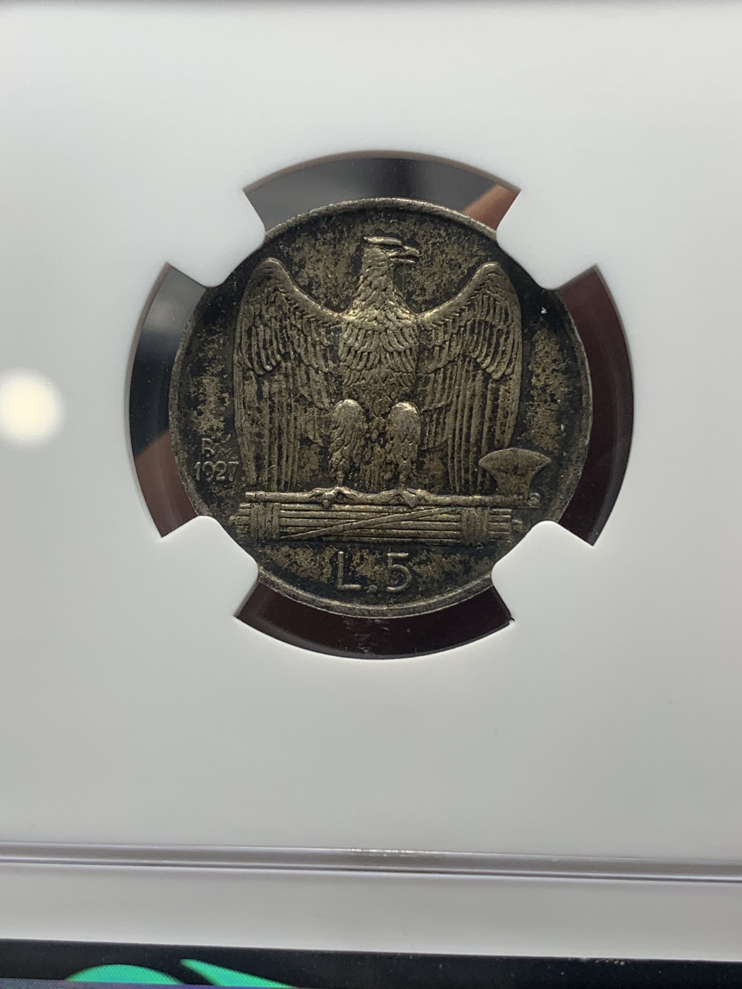 《竞宝斋》钱币微拍-第16场-本周日，周一2场连拍（全场顺丰包邮） NGC-MS62 意大利 1927年 5里拉 银币 难得黑包浆，不要错过！