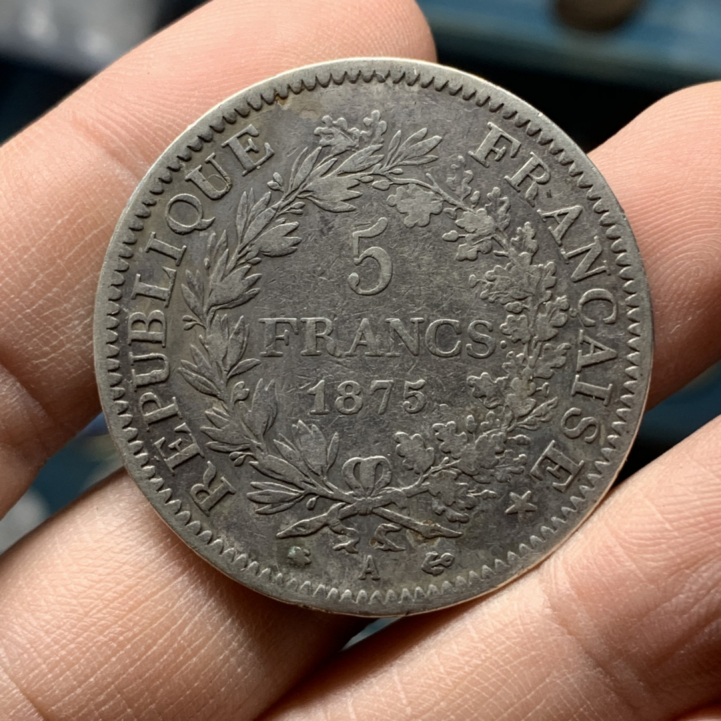 《竞宝斋》钱币微拍-第16场-本周日，周一2场连拍（全场顺丰包邮） 法国 1875年  大力神5法郎 大银币 较少年份 原味包浆