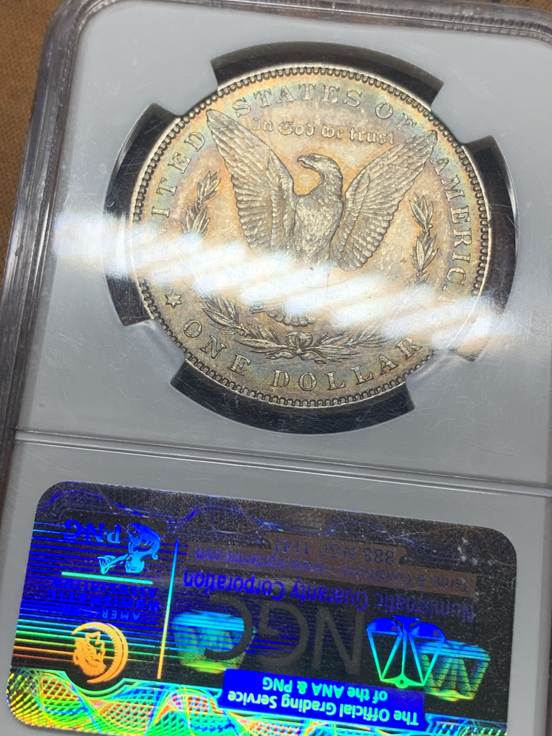 《竞宝斋》钱币微拍-第16场-本周日，周一2场连拍（全场顺丰包邮） NGC-MS63 美国 1886年 1Dollar 摩根银币 双面深五彩难得 非常耐看