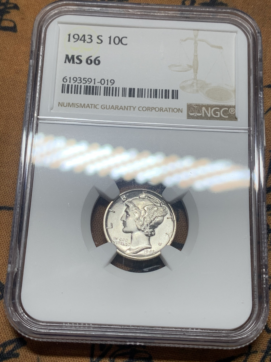 《竞宝斋》钱币微拍-第16场-本周日，周一2场连拍（全场顺丰包邮） NGC-MS66 美国1943年 墨丘利 10cents 银币 旧金山造币厂 出厂状态 