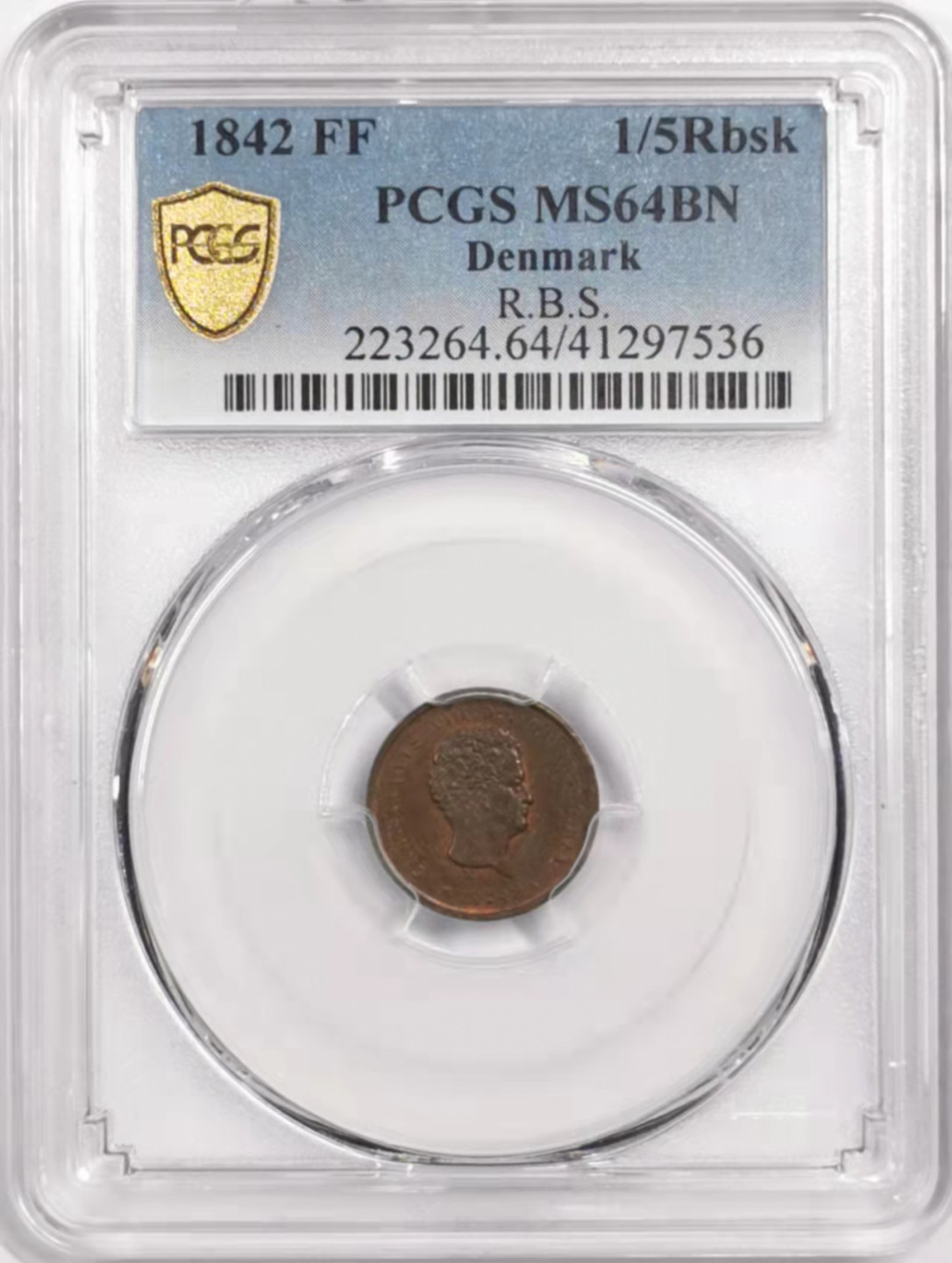凡希社世界钱币微拍第一百七十九期 1842丹麦1/5Rbsk铜PCGS-MS64