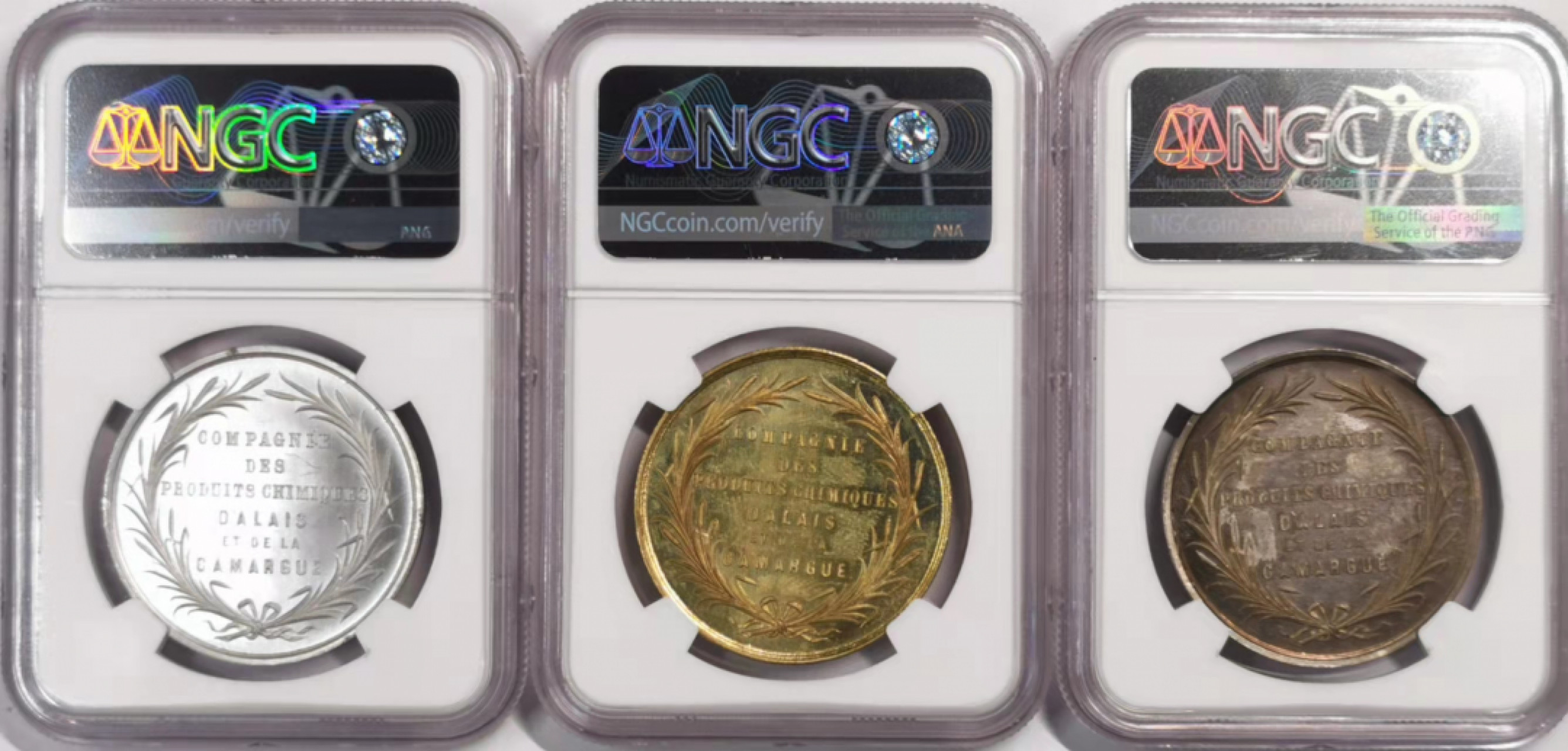 凡希社世界钱币微拍第一百七十九期 十九世纪法国Alais-Camargue贸易公司铝铜银三枚NGC63-64