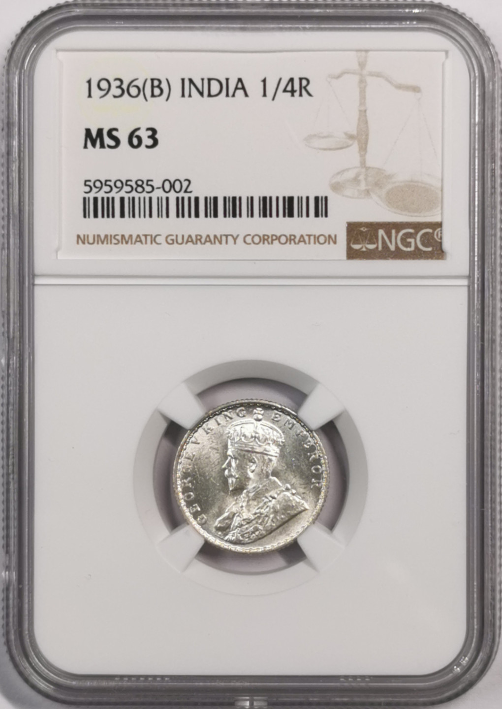 凡希社世界钱币微拍第一百七十九期 1936英属印度乔五1/4卢比NGC-MS63