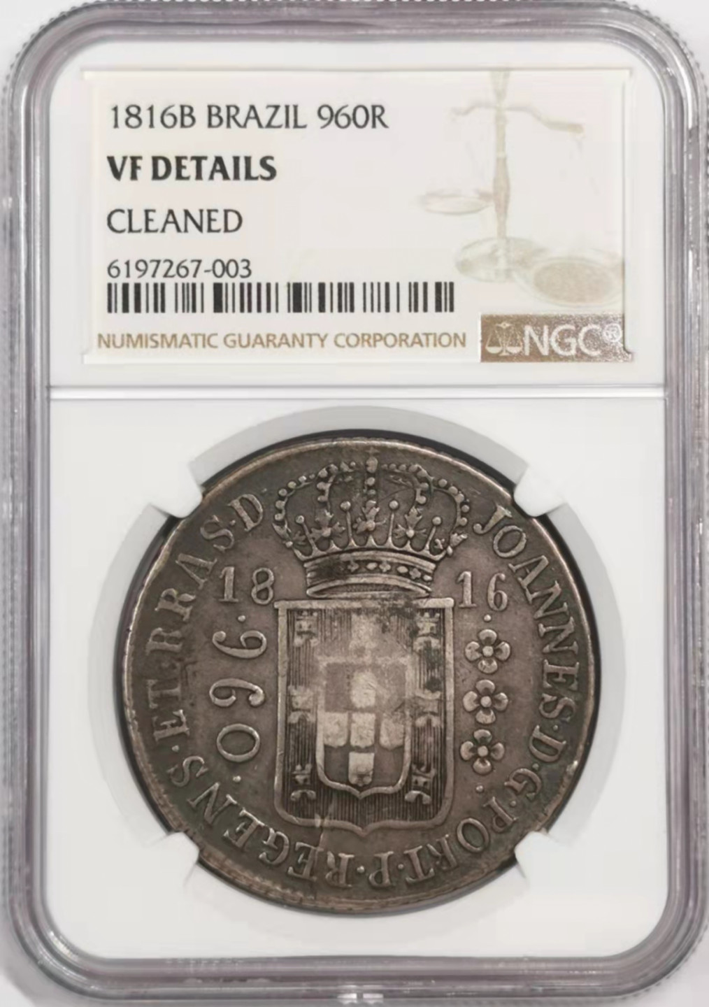 凡希社世界钱币微拍第一百七十九期 1816B葡属巴西960里斯大银NGC-VFD原味品