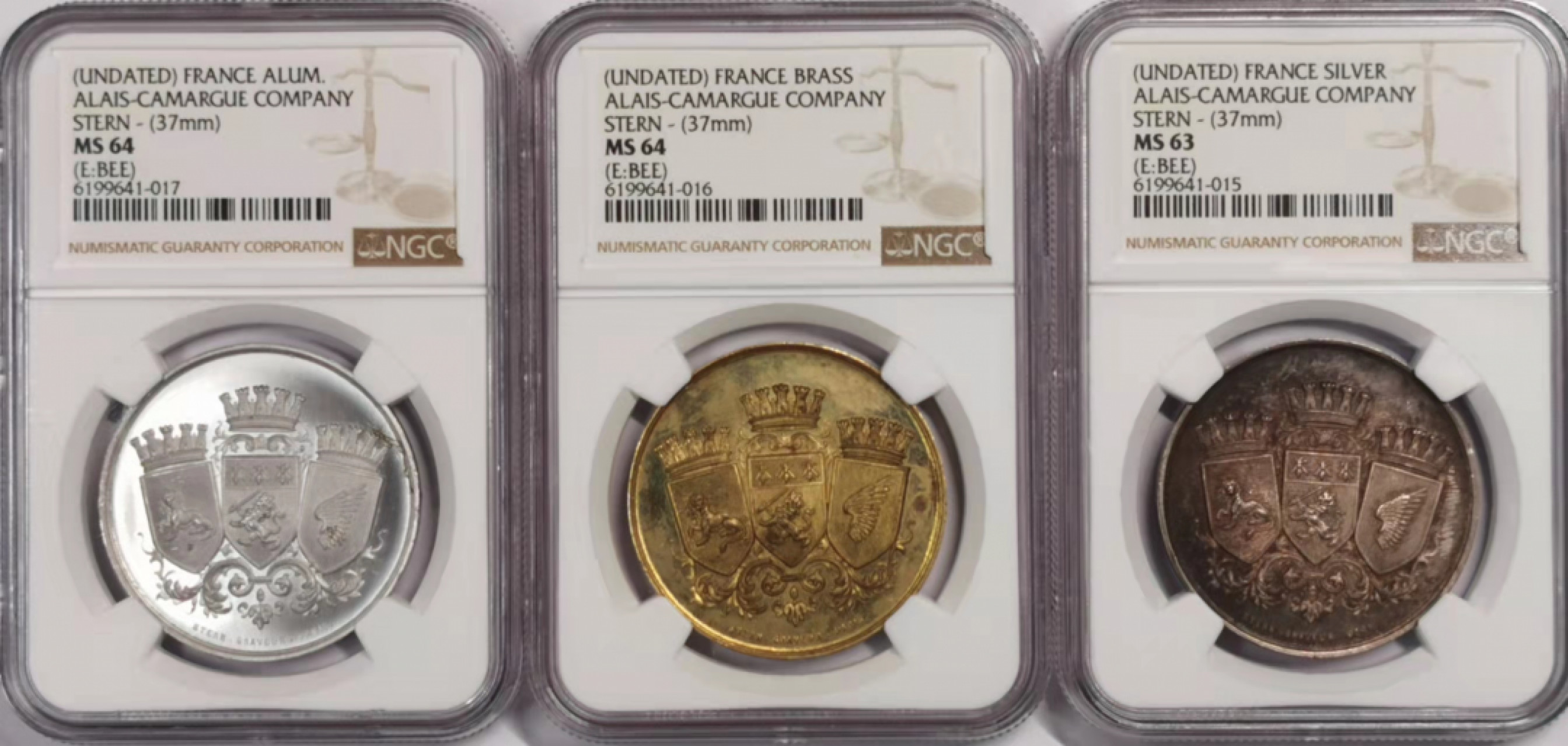 凡希社世界钱币微拍第一百七十九期 十九世纪法国Alais-Camargue贸易公司铝铜银三枚NGC63-64