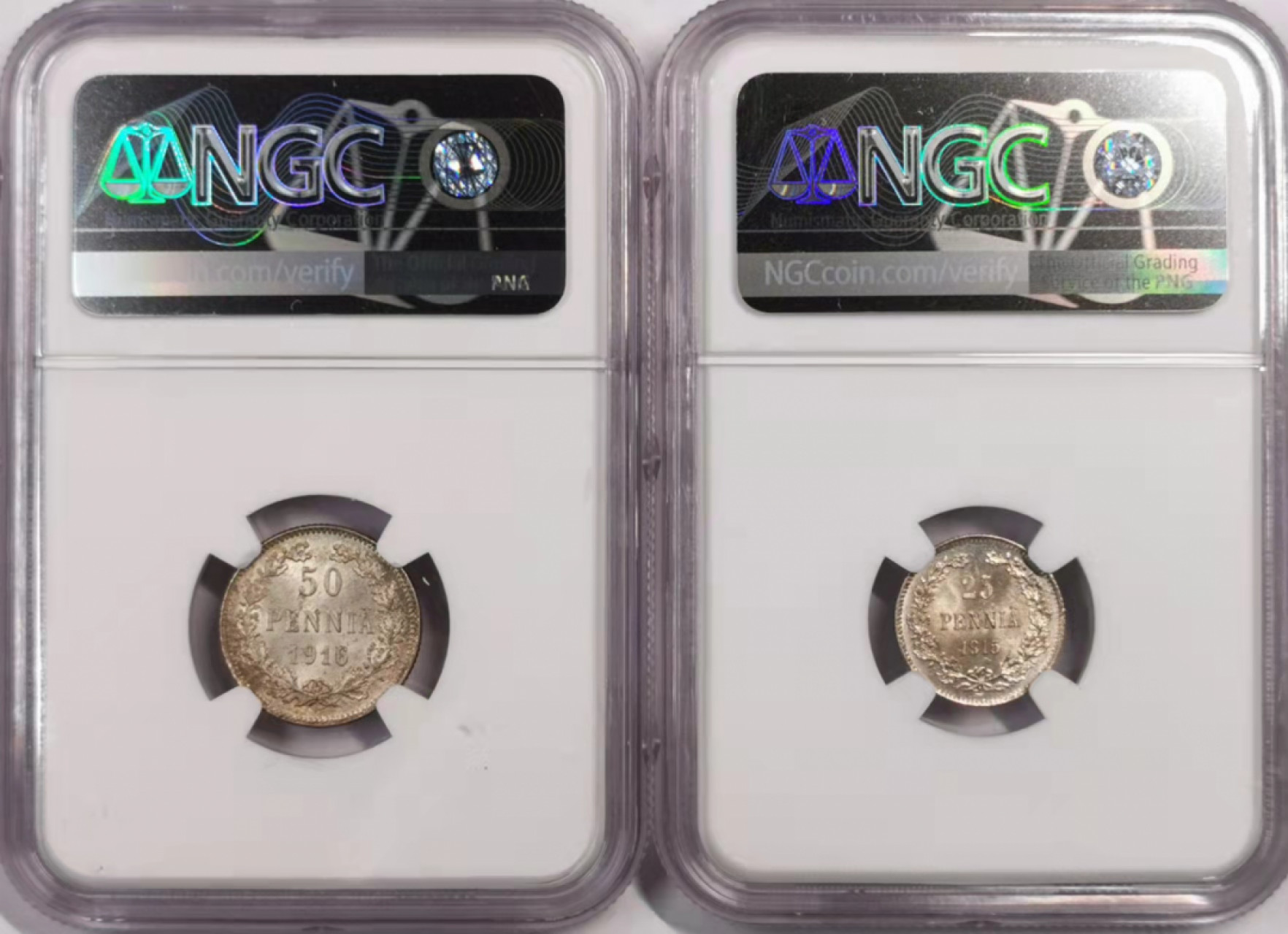 凡希社世界钱币微拍第一百七十九期 俄占芬兰银辅币一对NGC-MS63/64