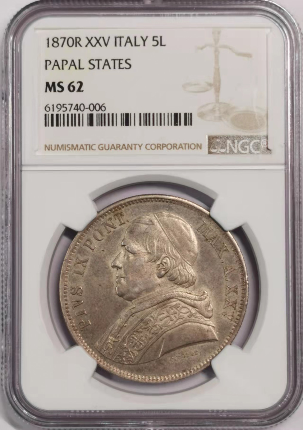 凡希社世界钱币微拍第一百七十九期 荐！1870意大利教皇国5里拉大银NGC-MS62
