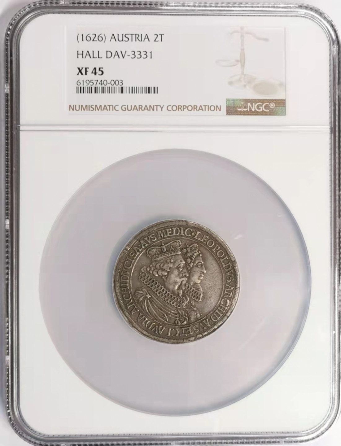 凡希社世界钱币微拍第一百七十九期 荐！1626神罗利奥波德与克劳蒂亚纪念2泰勒大银NGC-XF45