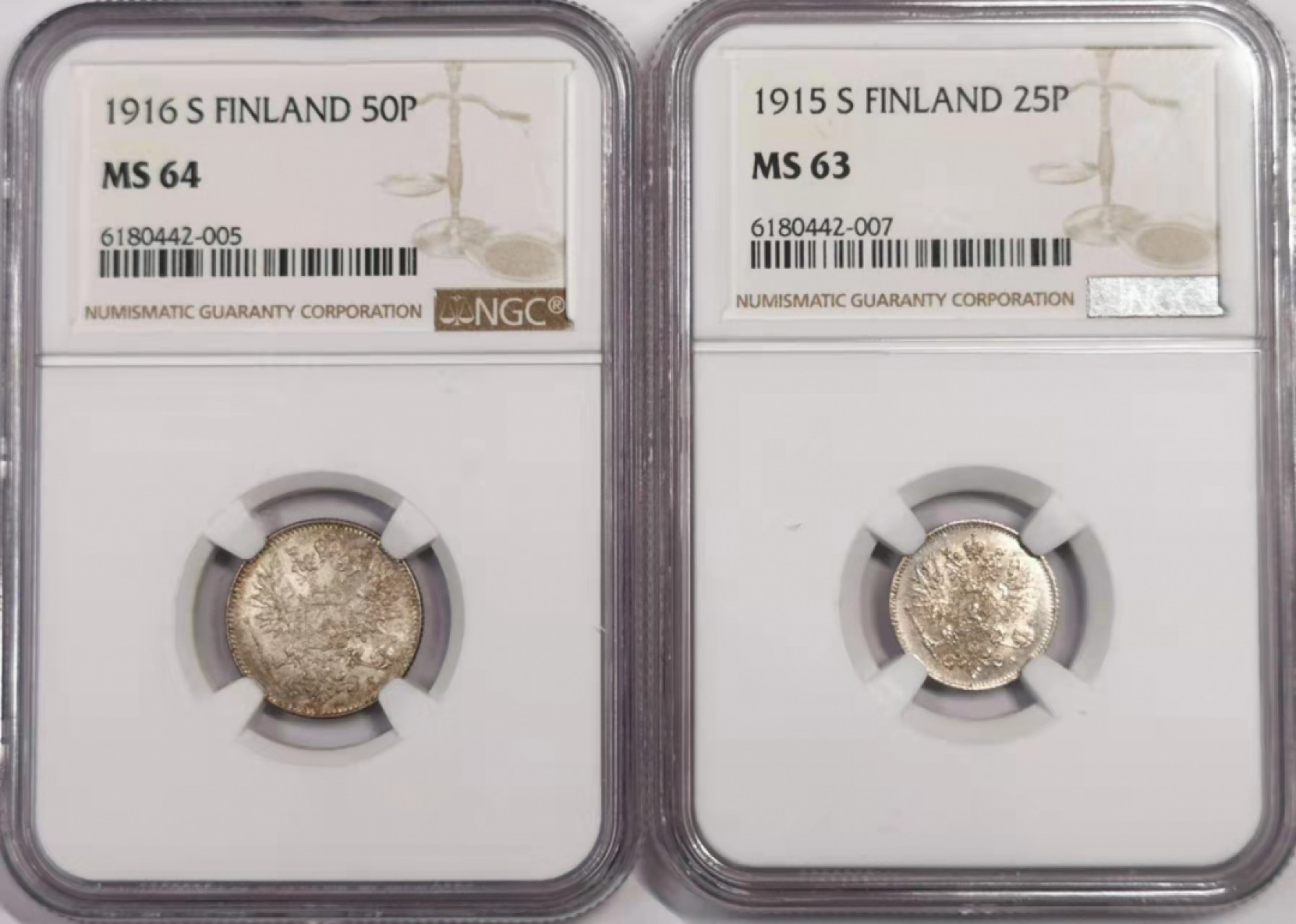 凡希社世界钱币微拍第一百七十九期 俄占芬兰银辅币一对NGC-MS63/64