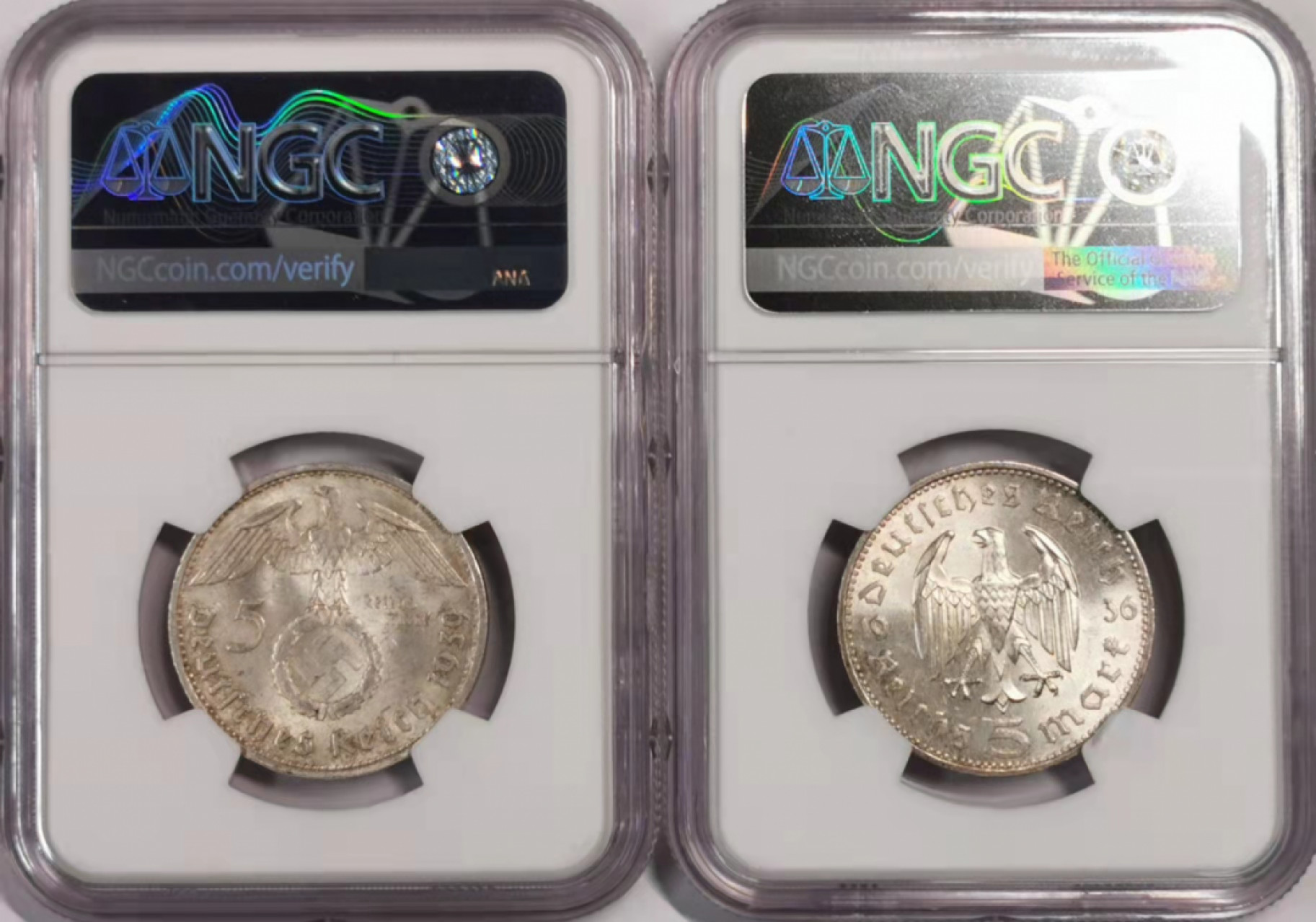 凡希社世界钱币微拍第一百七十九期 德国兴登堡5马克一对NGC-MS63两个版本