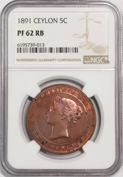 凡希社世界钱币微拍第一百七十九期 - 稀！1891英属锡兰小维5分大铜精铸NGC-PF62稀有！