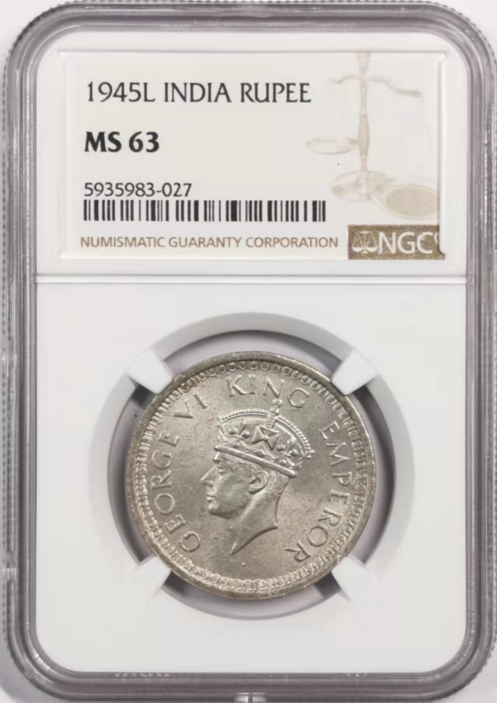 凡希社世界钱币微拍第一百七十九期 1945L英属印度乔六卢比NGC-MS63