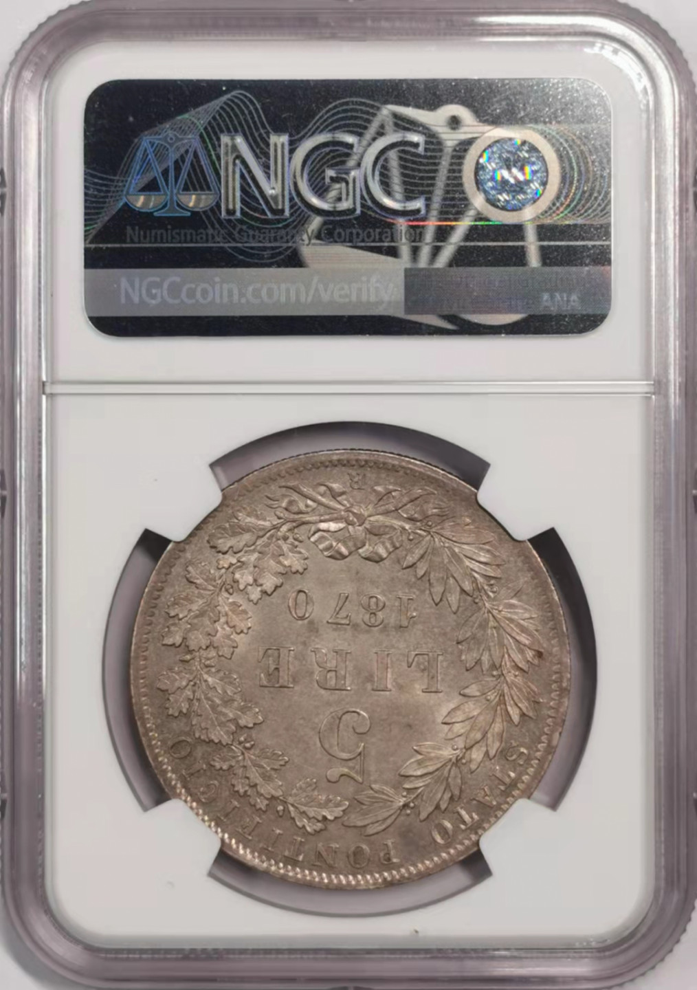 凡希社世界钱币微拍第一百七十九期 荐！1870意大利教皇国5里拉大银NGC-MS62