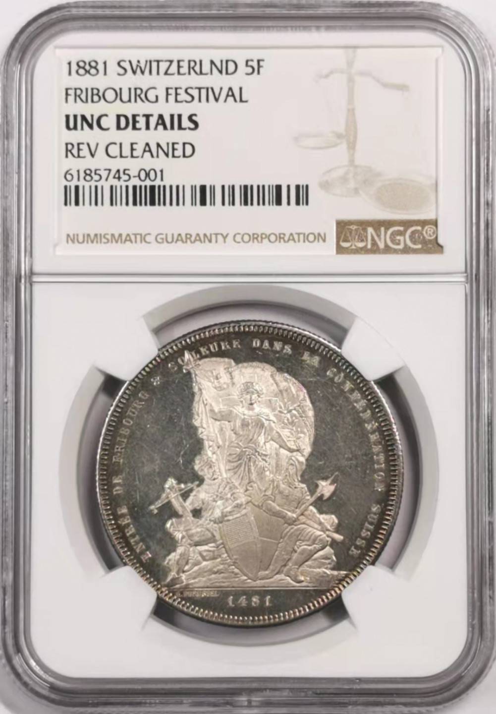 凡希社世界钱币微拍第一百七十九期 1881瑞士弗莱堡城市景观5法郎大银NGC-UNCD实物类镜面