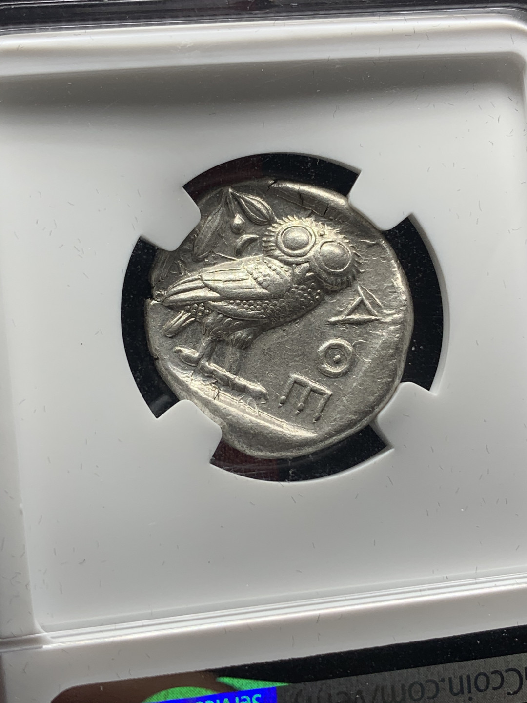 《竞宝斋》钱币微拍-第17场-本周日，周一2场连拍（全场顺丰包邮） NGC 评级 古希腊 CH-AU 双五分 公元前440-404年 正面为雅典娜女神 全脸币胚圆润，背面为呆萌猫头鹰  热门系列