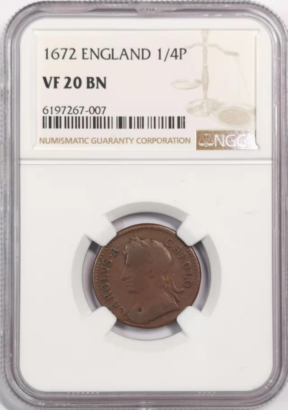 凡希社世界钱币微拍第一百七十九期 1672英国查理二世法新NGC-VF20