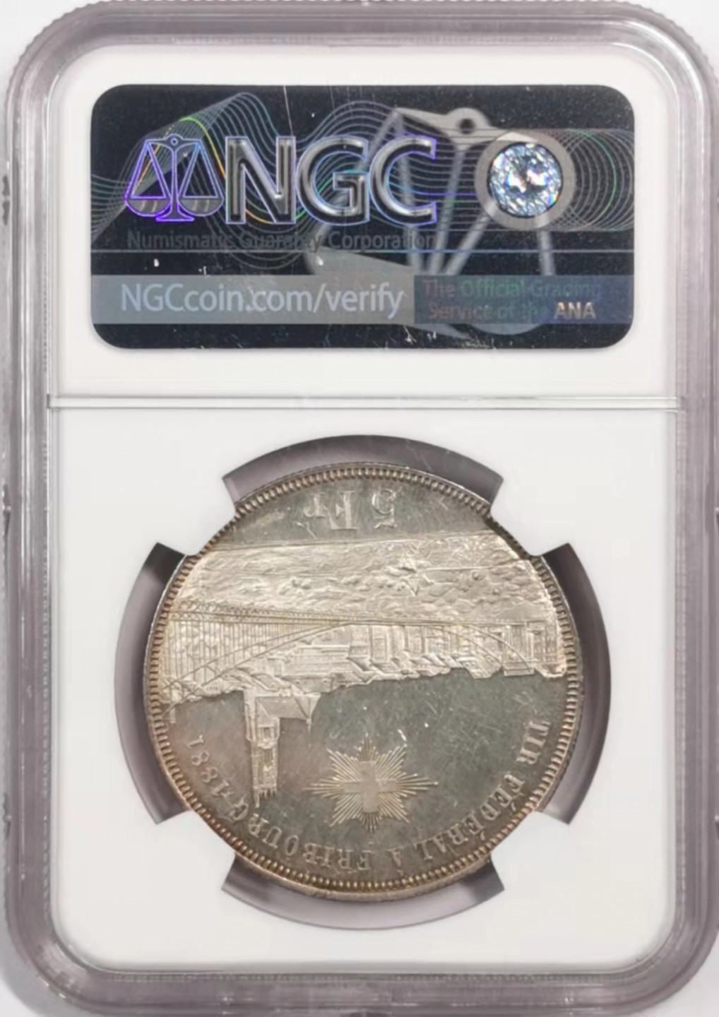 凡希社世界钱币微拍第一百七十九期 1881瑞士弗莱堡城市景观5法郎大银NGC-UNCD实物类镜面