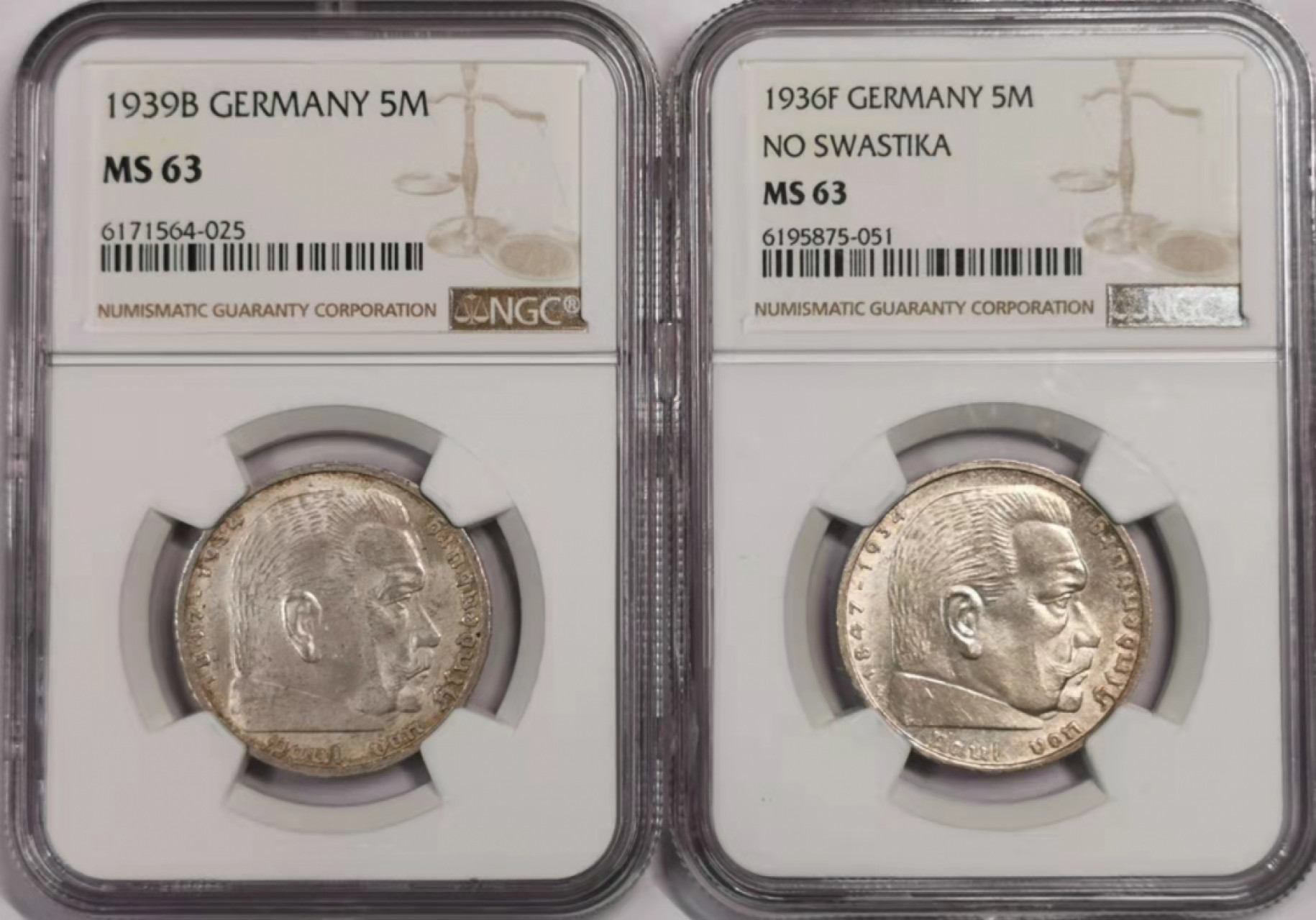 凡希社世界钱币微拍第一百七十九期 德国兴登堡5马克一对NGC-MS63两个版本