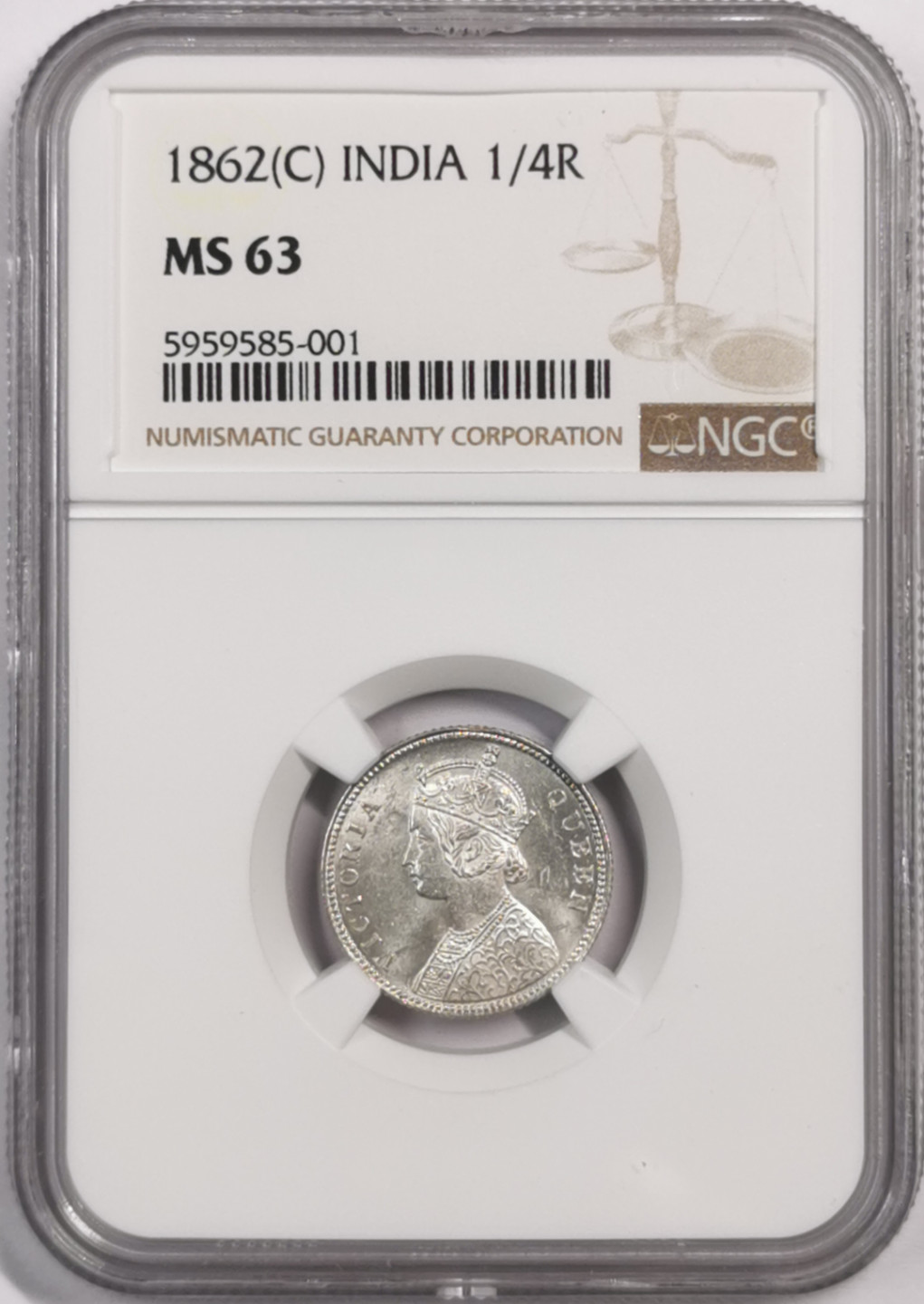 凡希社世界钱币微拍第一百七十九期 1862英属印度1/4卢比NGC-MS63