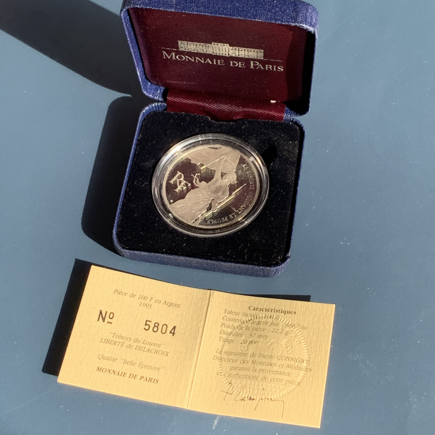 《竞宝斋》钱币微拍-第17场-本周日，周一2场连拍（全场顺丰包邮） 法国 1993年 卢浮宫系列 100法郎 精制银币 原盒证书
