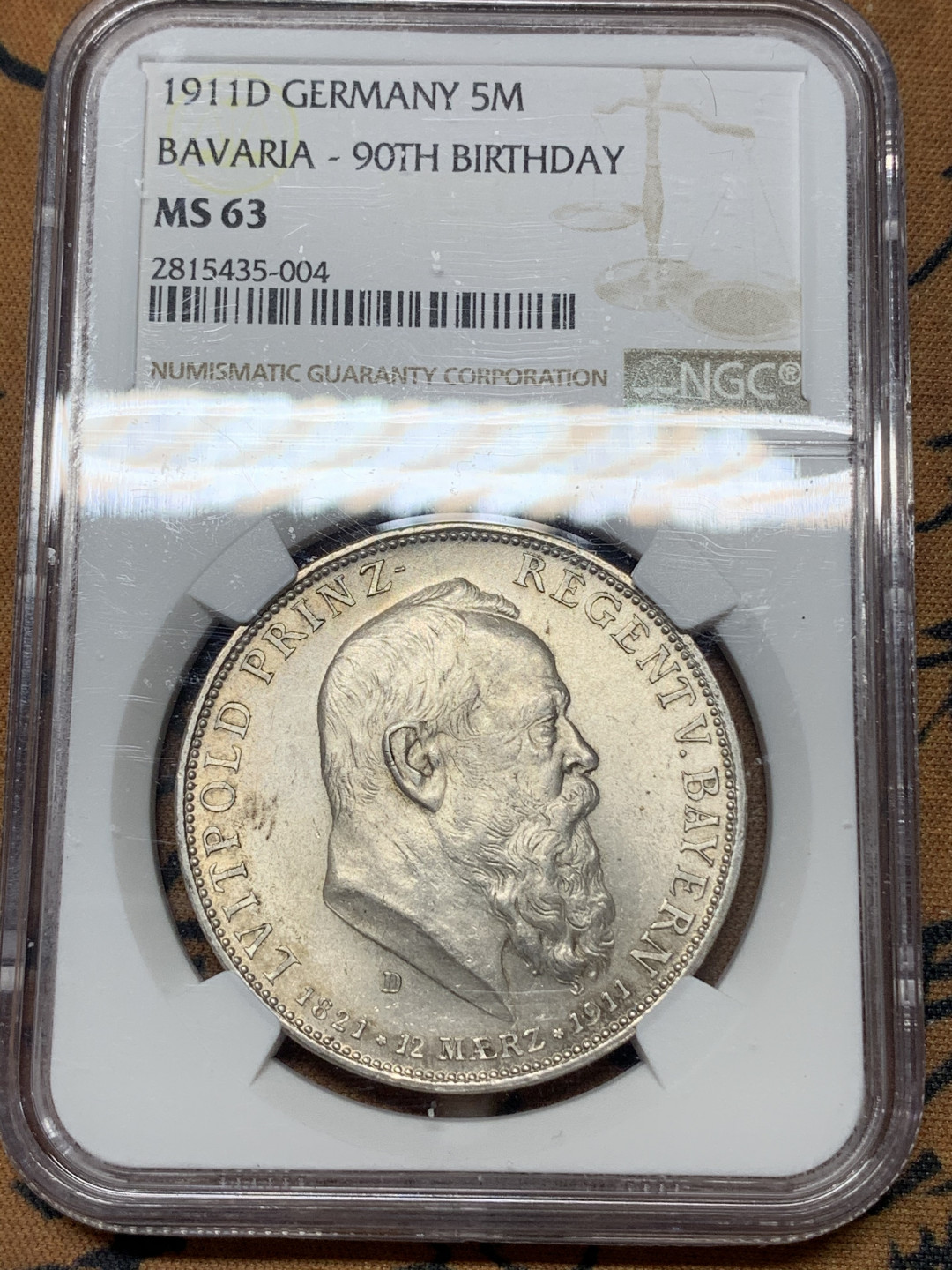 《竞宝斋》钱币微拍-第17场-本周日，周一2场连拍（全场顺丰包邮） NGC-MS63 德国巴伐利亚 1911年 90周年纪念 5马克 大银币