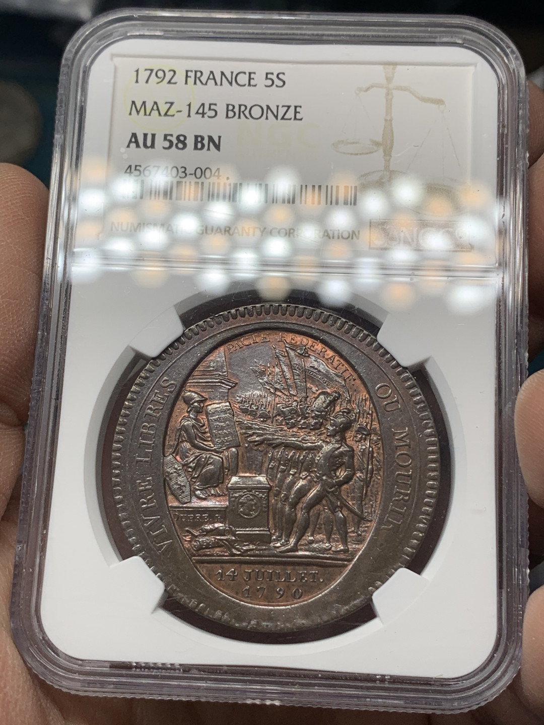 《竞宝斋》钱币微拍-第17场-本周日，周一2场连拍（全场顺丰包邮） NGC-AU58 法国 1792年 莫奈龙 5索尔 大铜币 好品