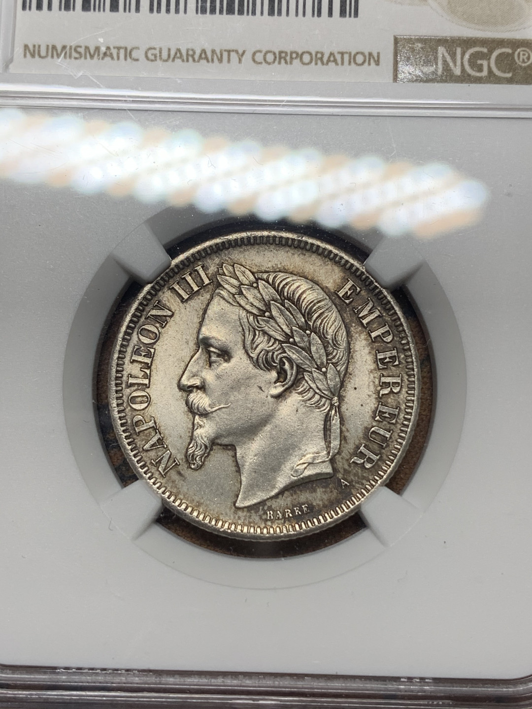 《竞宝斋》钱币微拍-第17场-本周日，周一2场连拍（全场顺丰包邮） 亚军 NGC-MS63 法国 1869年 拿破仑三世 2法郎 银币 原光