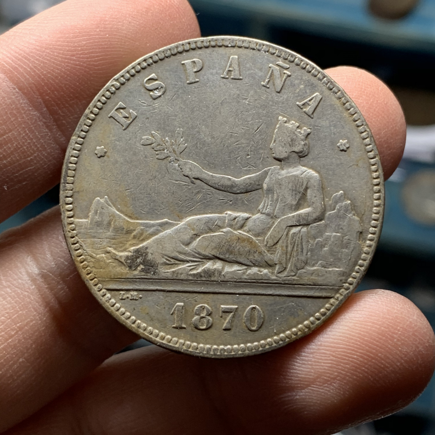 《竞宝斋》钱币微拍-第17场-本周日，周一2场连拍（全场顺丰包邮） 西班牙 1870年 坐人拿花 5比塞塔 大银币 原味好品