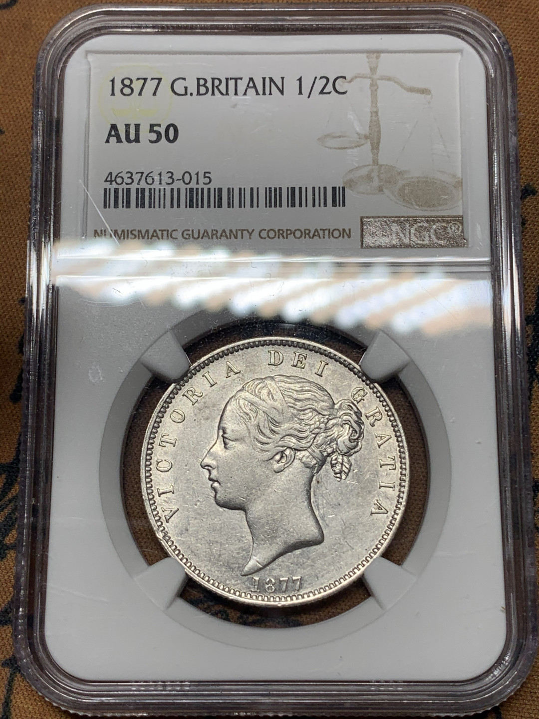 《竞宝斋》钱币微拍-第17场-本周日，周一2场连拍（全场顺丰包邮） NGC-AU50 英国 1877年 维多利亚青年头 1/2克朗 银币 好品难得
