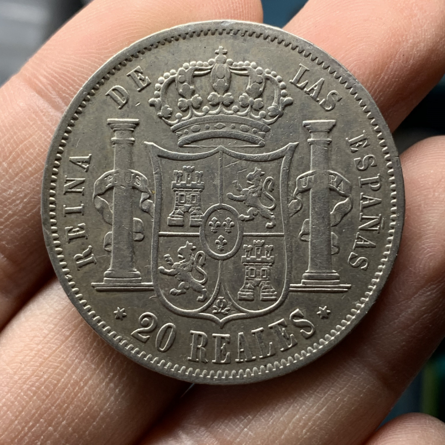 《竞宝斋》钱币微拍-第17场-本周日，周一2场连拍（全场顺丰包邮） 西班牙 1852年 伊萨贝拉猪妹妹 20R 大银币 底光好品 秒杀AU以下的盒子币