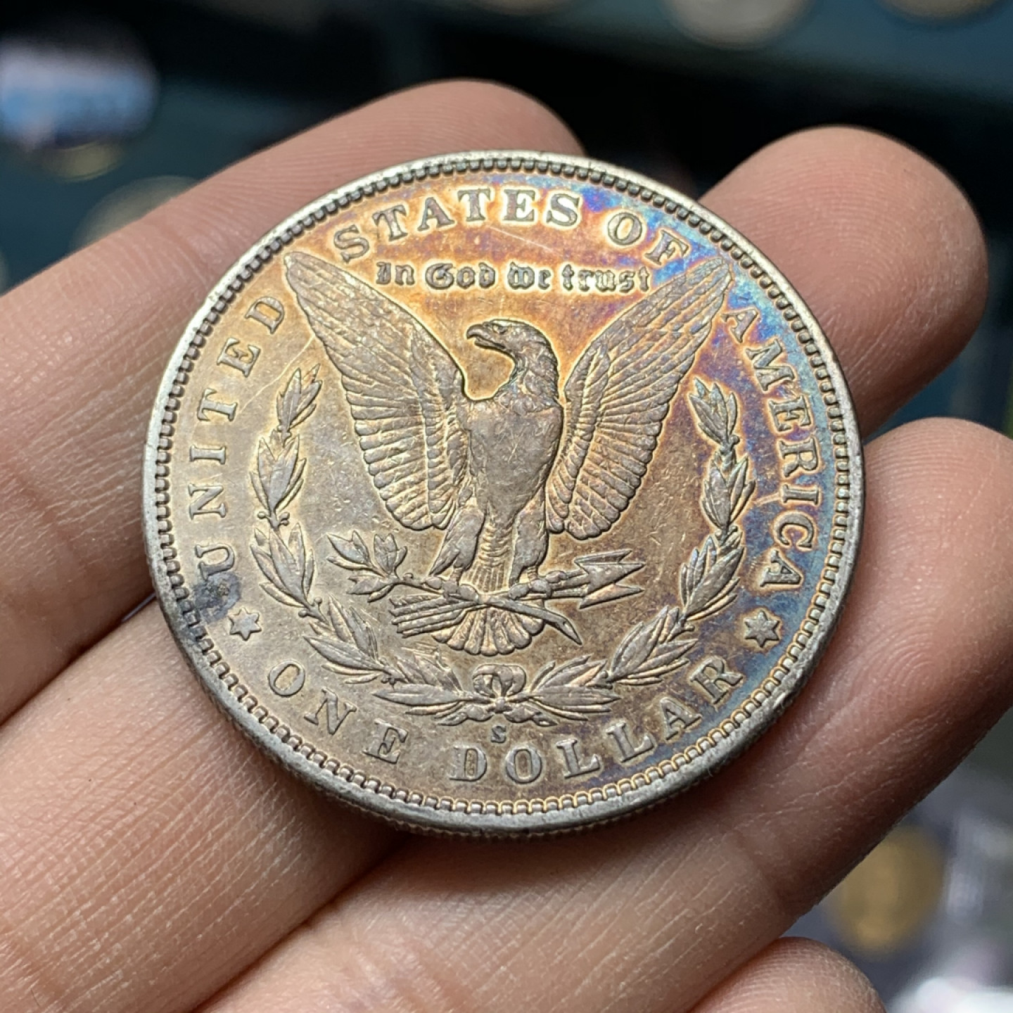 《竞宝斋》钱币微拍-第17场-本周日，周一2场连拍（全场顺丰包邮） 美国 1899-S年 摩根 1元 五彩包浆 大银币