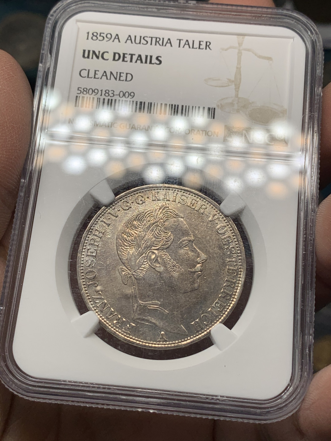 《竞宝斋》钱币微拍-第17场-本周日，周一2场连拍（全场顺丰包邮） NGC UNC Cleaned 1859年奥地利泰勒大银  少见