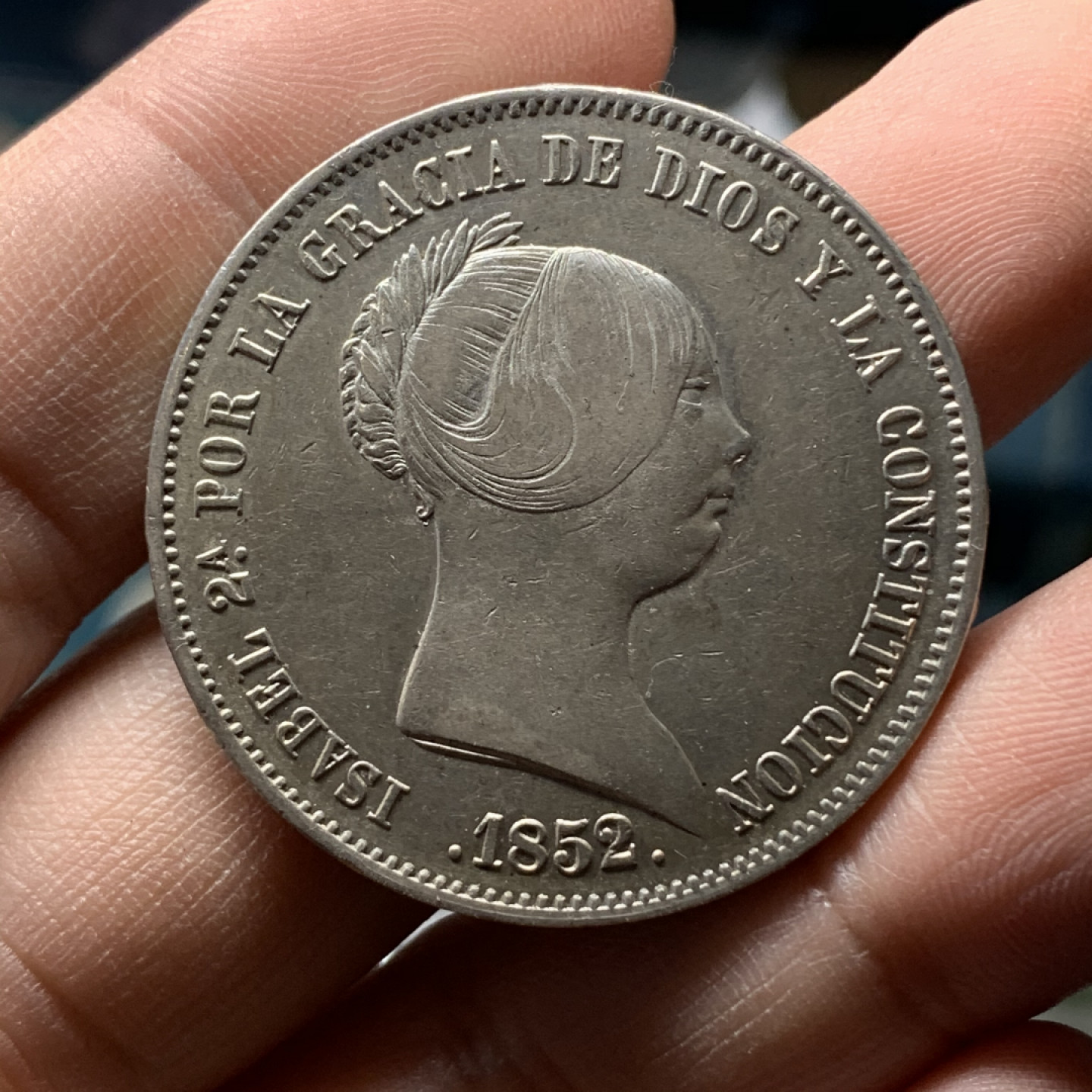 《竞宝斋》钱币微拍-第17场-本周日，周一2场连拍（全场顺丰包邮） 西班牙 1852年 伊萨贝拉猪妹妹 20R 大银币 底光好品 秒杀AU以下的盒子币