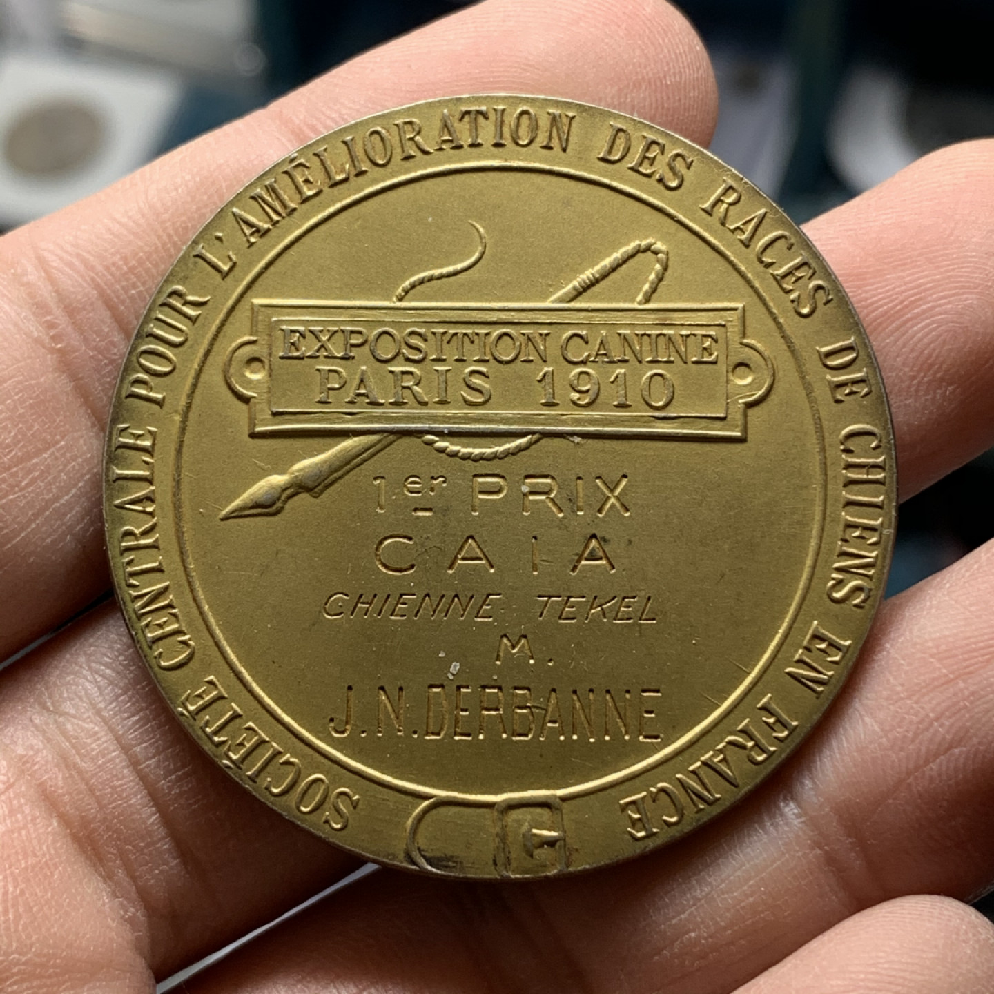 《竞宝斋》钱币微拍-第17场-本周日，周一2场连拍（全场顺丰包邮） 法国1910年镀金大银章 边铭为1ARGENT银标 （900银）镀金完好 43.5克，44.5mm