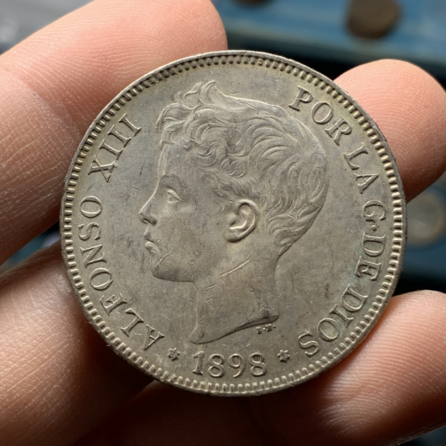 《竞宝斋》钱币微拍-第17场-本周日，周一2场连拍（全场顺丰包邮） 西班牙 1898年 阿方索十三世 5比塞塔 大银币 带光原味好品