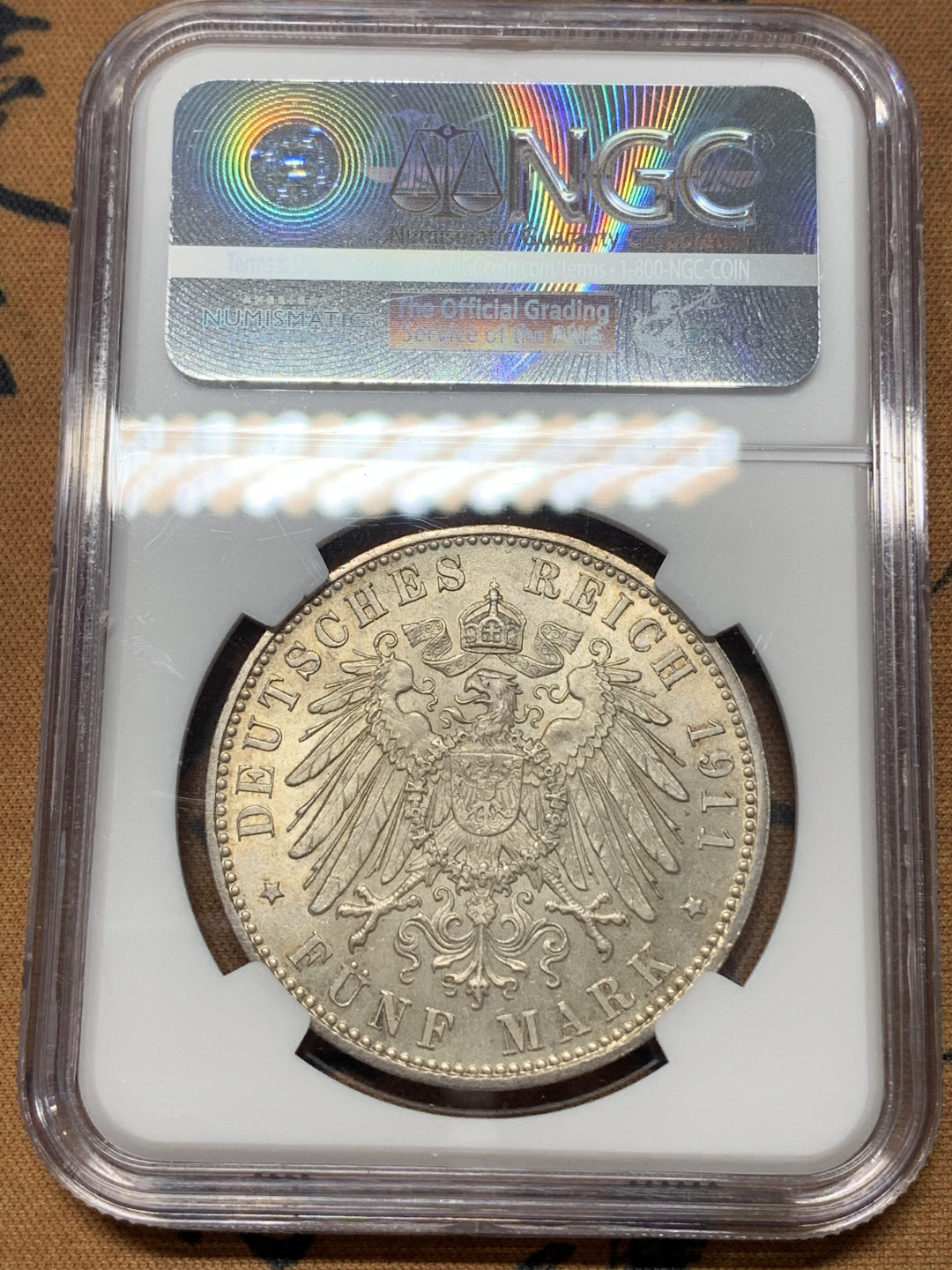 《竞宝斋》钱币微拍-第17场-本周日，周一2场连拍（全场顺丰包邮） NGC-MS63 德国巴伐利亚 1911年 90周年纪念 5马克 大银币