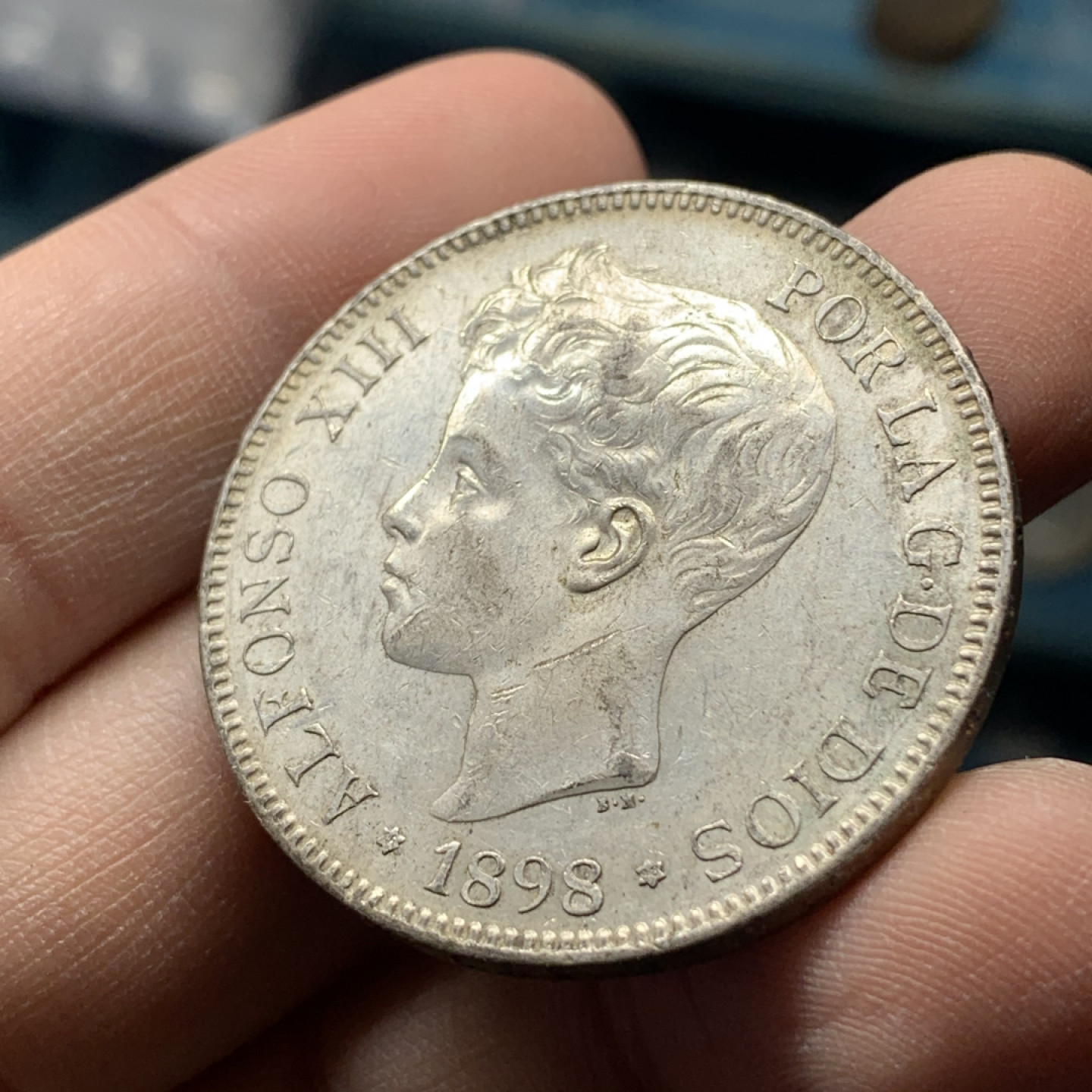 《竞宝斋》钱币微拍-第17场-本周日，周一2场连拍（全场顺丰包邮） 西班牙 1898年 阿方索十三世 5比塞塔 大银币 带光原味好品