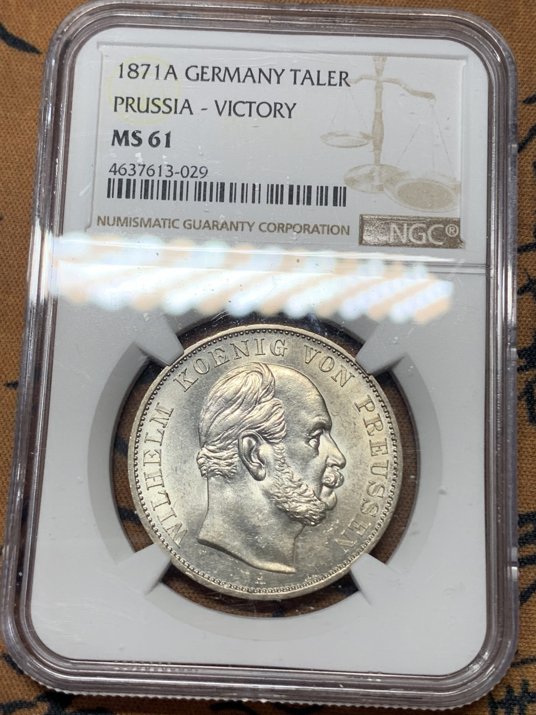 《竞宝斋》钱币微拍-第17场-本周日，周一2场连拍（全场顺丰包邮） NGC-MS61 德国普鲁士 1871年 普法战争胜利纪念 1泰勒 银币 原光好品