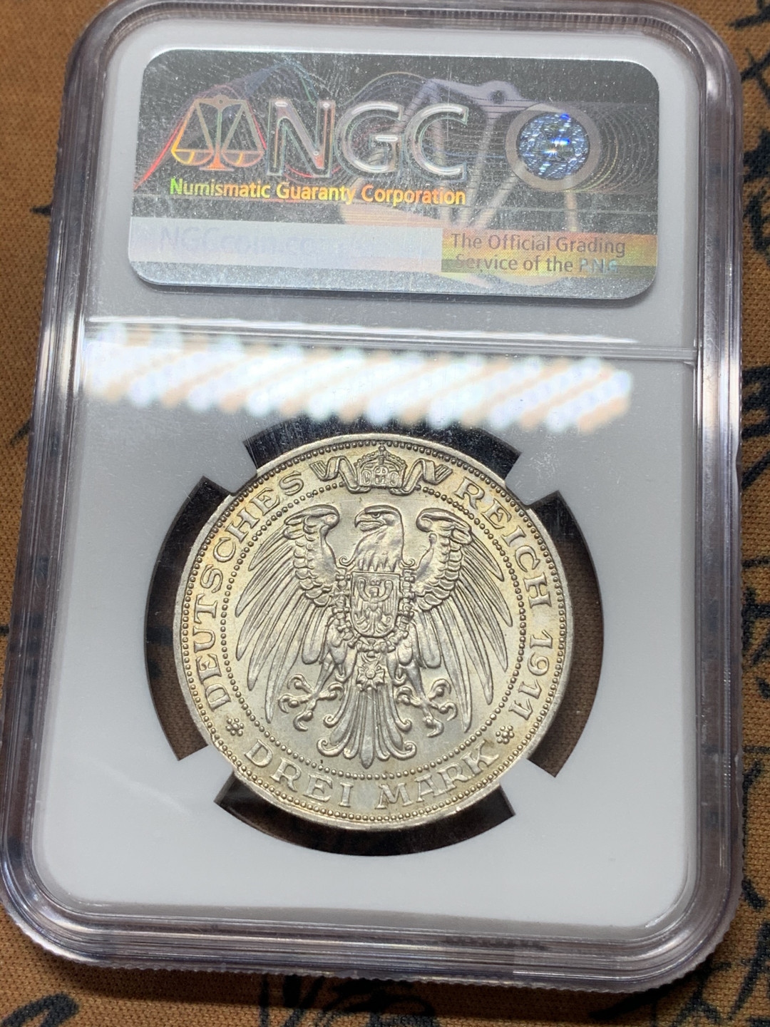 《竞宝斋》钱币微拍-第17场-本周日，周一2场连拍（全场顺丰包邮） NGC MS63 1911年德国普鲁士布雷斯劳大学3马克