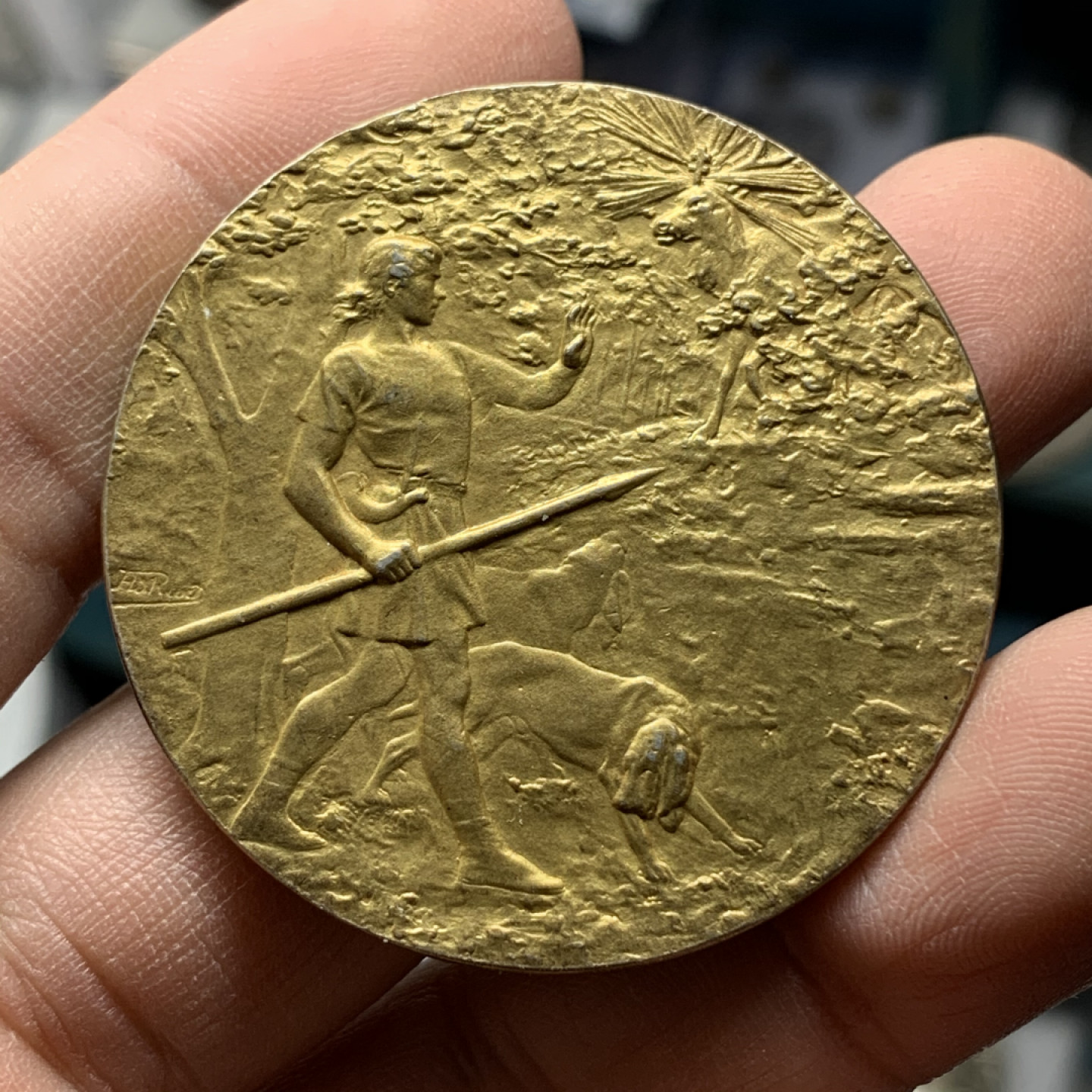 《竞宝斋》钱币微拍-第17场-本周日，周一2场连拍（全场顺丰包邮） 法国1910年镀金大银章 边铭为1ARGENT银标 （900银）镀金完好 43.5克，44.5mm