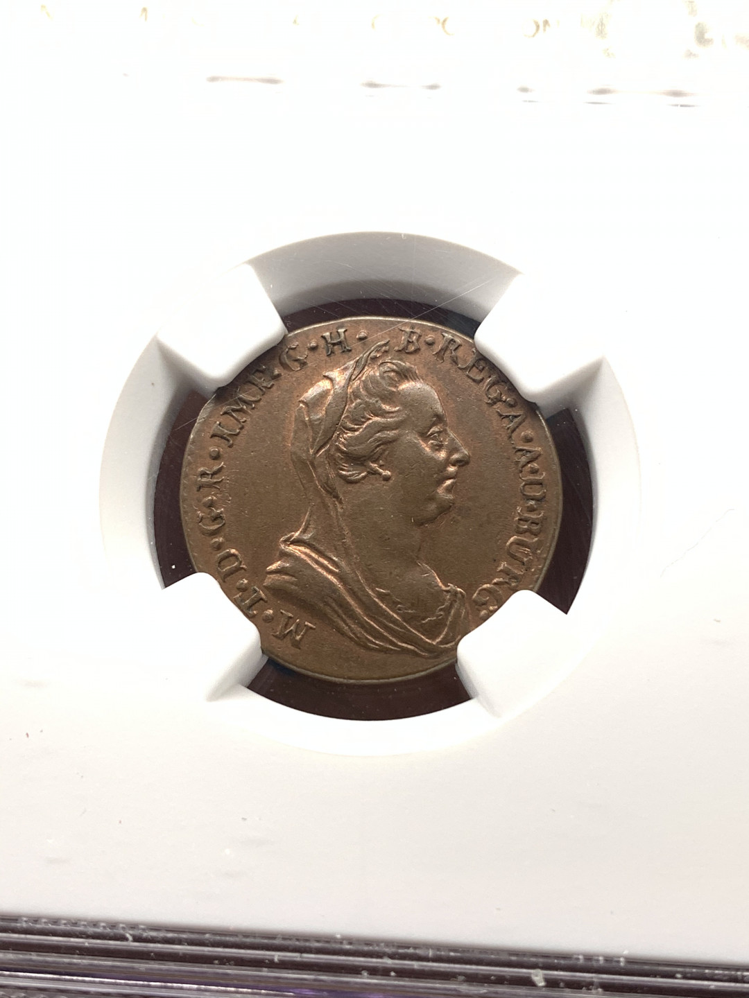 《竞宝斋》钱币微拍-第17场-本周日，周一2场连拍（全场顺丰包邮） NGC-AU55 奥属尼德兰 1778年 大奶妈 1L 铜币 原光好品 非常难得