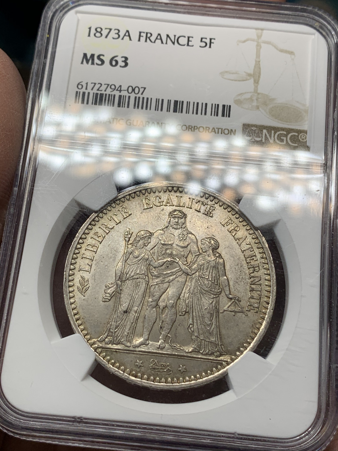 《竞宝斋》钱币微拍-第17场-本周日，周一2场连拍（全场顺丰包邮） NGC-MS63 法国第三共和国 1873A 5法郎 大力神 银币 淡彩包浆 浮雕细腻 潜力主币品种